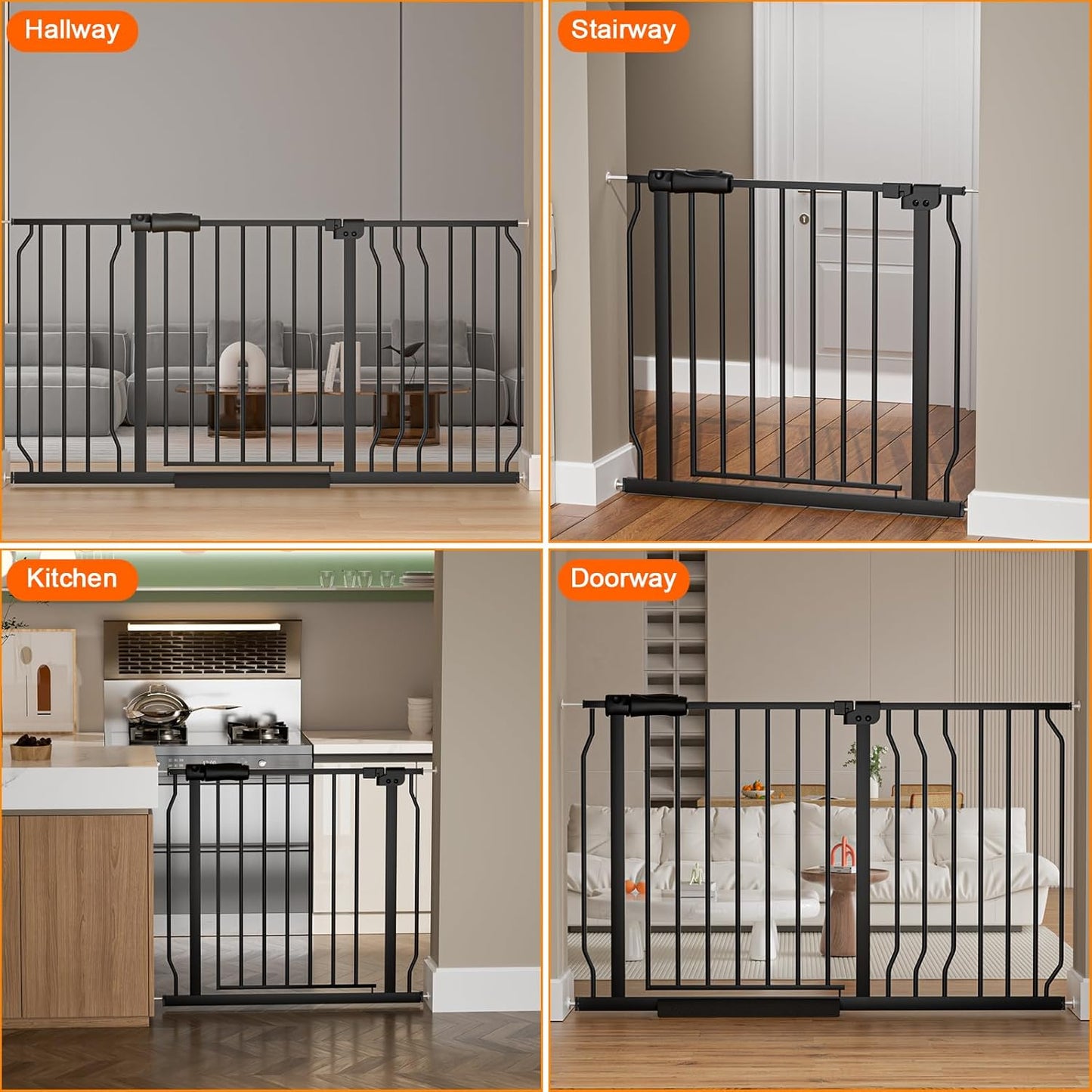 HOOEN 30" Tall Extra Wide Baby Gate for Doorways Stairs 62 to 67 Inch Large Long Pressure Monuted Dog Gate Black Tension Baby Gate Walk Through Safety Gate for Kids or Pets