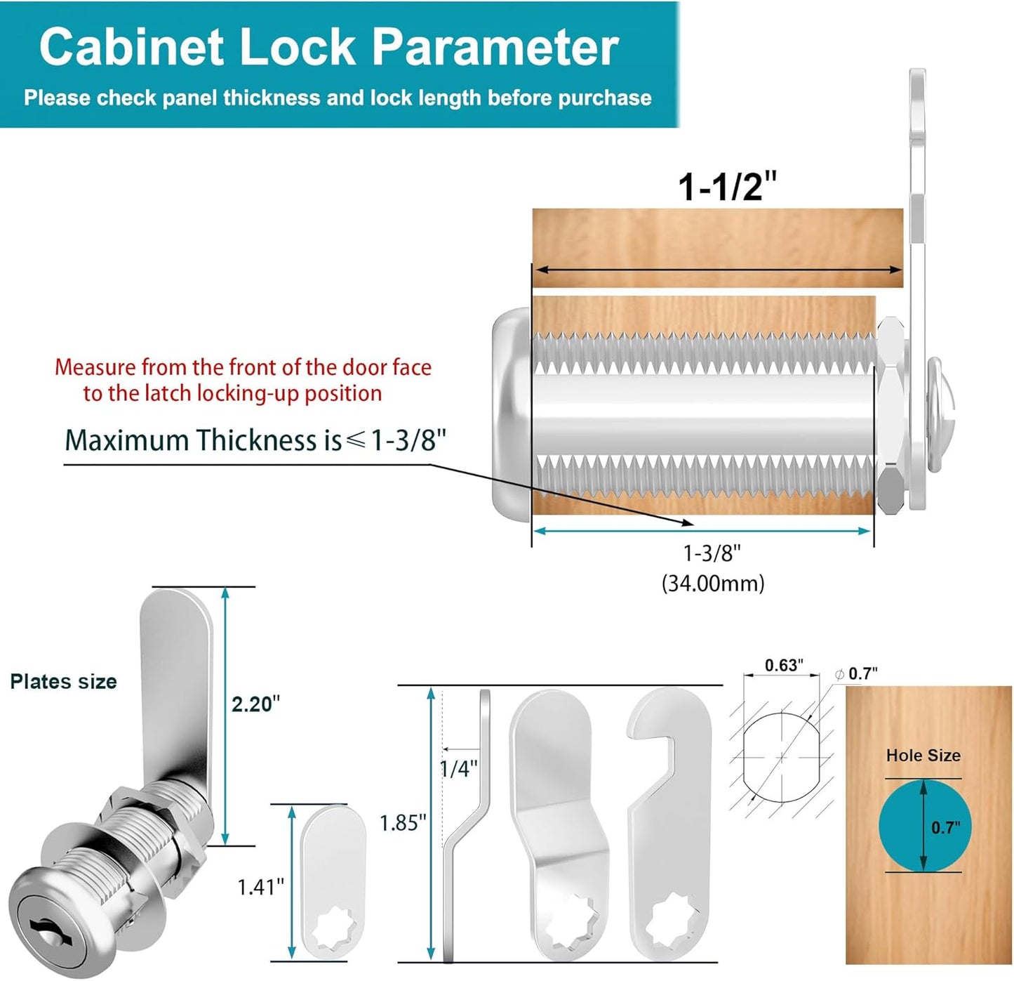 3 Pcs Cabinet Locks with Keys, 1-1/2 Inch Cam Lock Keyed Alike, Mailbox Locks Replacement for Cabinet and Drawer Lock with Keys, Zinc Alloy