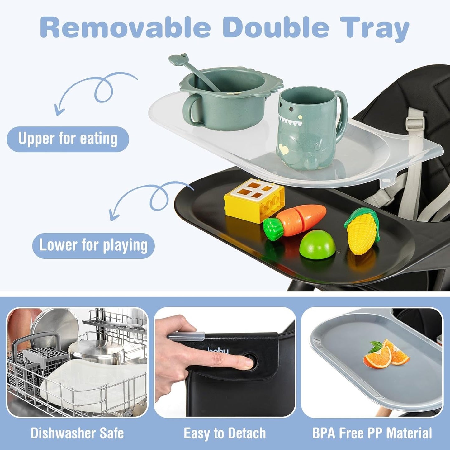 BABY JOY Baby High Chair, 6 in 1 Convertible Wooden High Chair for Babies & Toddlers with Adjustable Legs, Double Removable Tray, Safety Harness & Waterproof PU Cushion (Black)