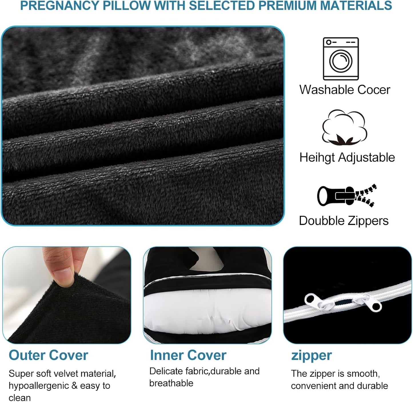 Pregnancy Pillow J-Shaped Full Body Pillow, 59 inch with Velvet Cover Easy to Remove and Wash, Support Pregnant Women's Backs Legs and HIPS, Improve Sleep,Pregnancy Pillow for Women Black