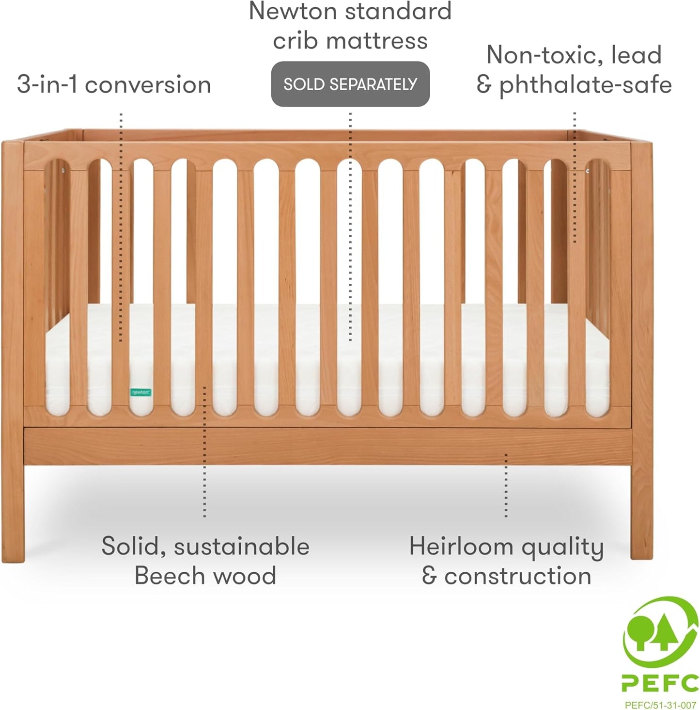 Newton Baby Galileo Standard Crib, Solid Beech Wood in Chestnut Color, 3-in-1 Convertible Crib with Toddler Bed Conversion Kit, Baby-Safe Finish