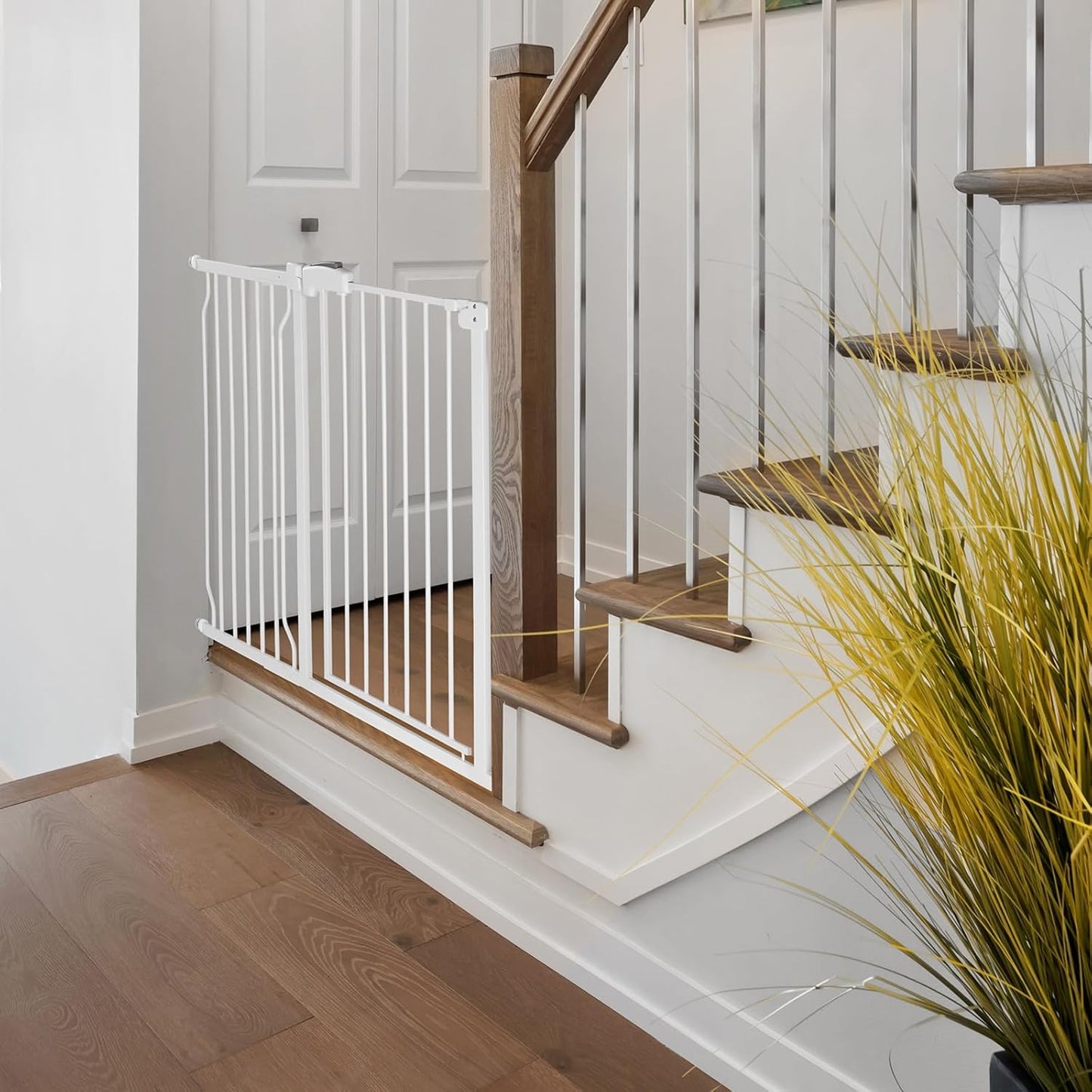 Extra Wide Baby Gate for Stairs Doorways with door, 30" Tall 57.1-66.5" Wide Easy Install Dog Gate indoor, Safety Metal Pressure Mounted Pet Gate with Walk-Thru Auto Close for the House, White