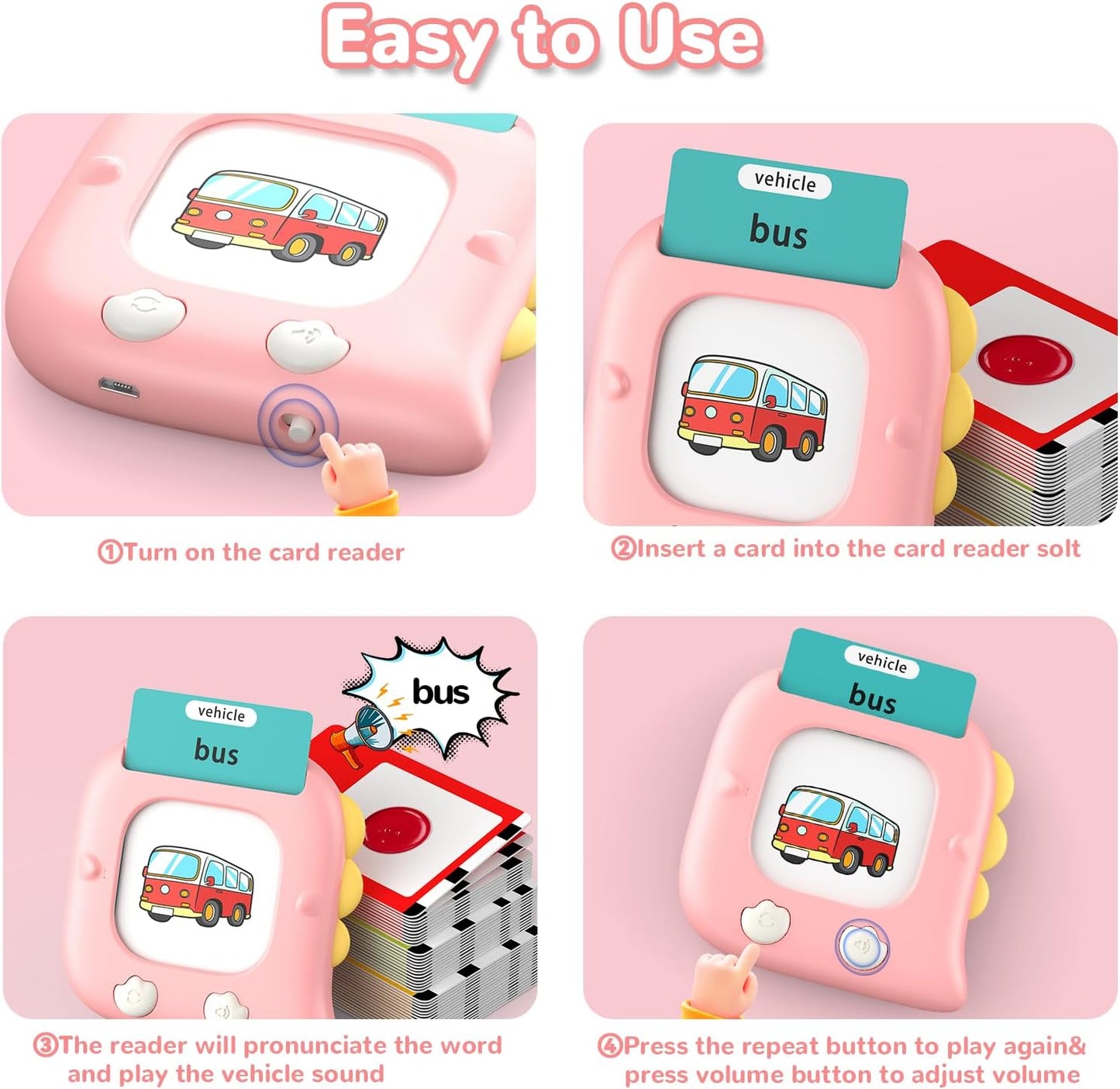 Kidzdo Dinosaur ABCs Learning Toys, 254 Words Talking Flash Cards, Birthday Gifts for 2 3 4 5 6 Years Old Girls, Pocket Speech Language Therapy Toys for Toddlers Ages 2-6, Pink