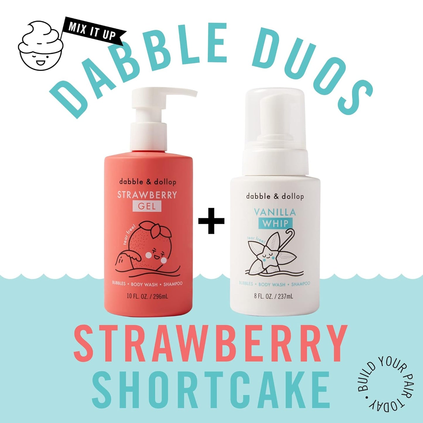 Dabble & Dollop Strawberry + Vanilla Body Wash & Shampoo – 3-in-1 Natural Bubble Bath for Kids, Made in USA, No Parabens or Sulfates, Vegan, Gluten-Free, Tear-Free (2-Pack)