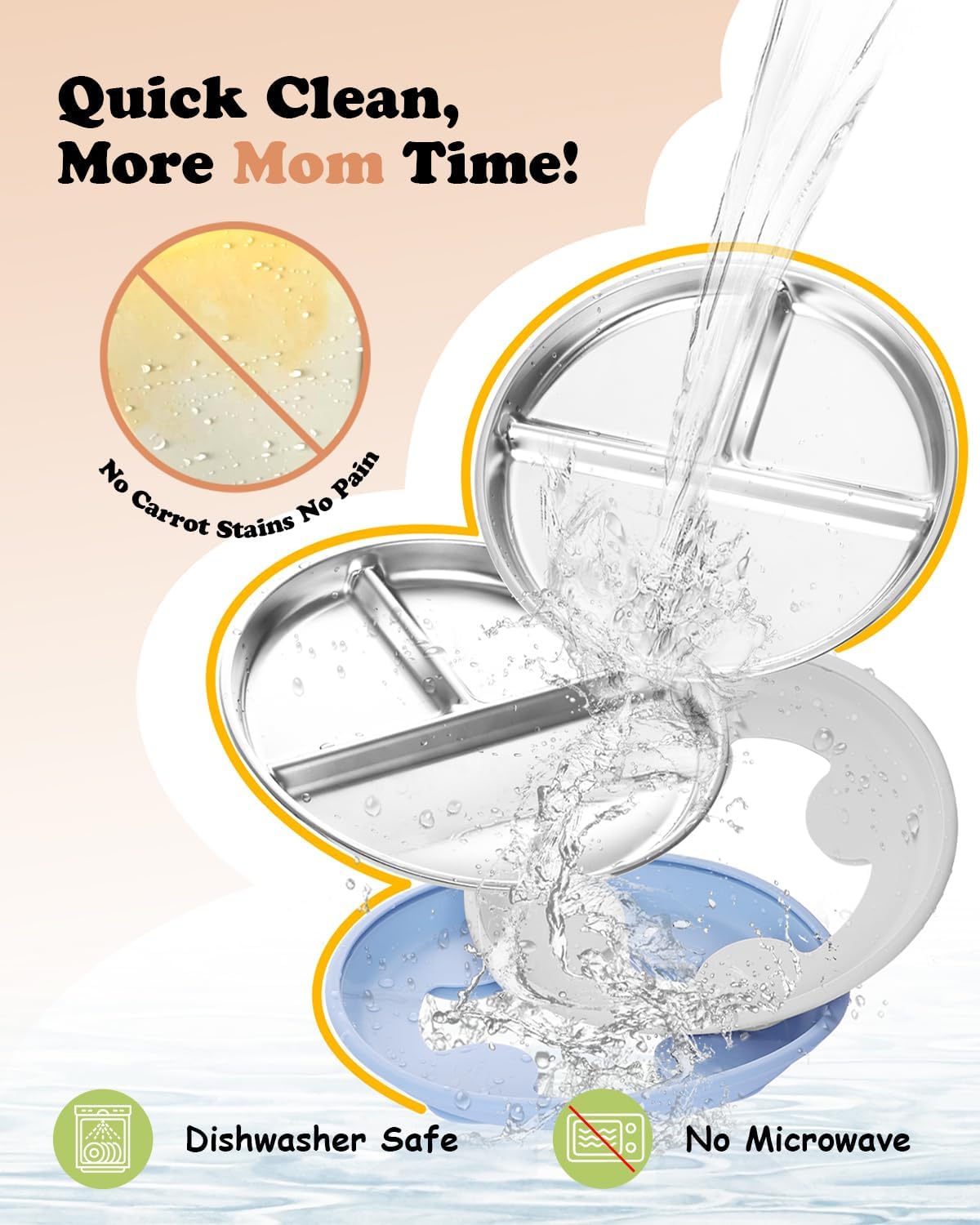 8" Stainless Steel Toddler Plates with Suction, Divided Plates with Removable Silicone Sleeves for Baby, Non Toxic & BPA Free |Unbreakable |Dishwasher Safe Dinnerware Set of 2, Blue & Gray