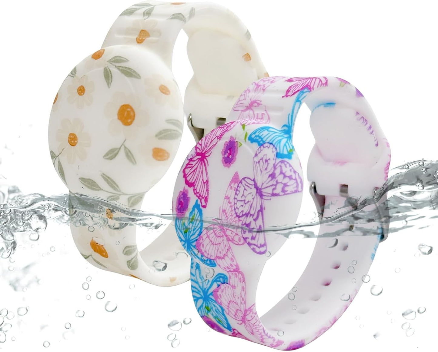 Waterproof AirTag Bracelet for Kids, Soft Silicone Air Tag Hidden Holder Case Compatible with Apple Airtag, Adjustable Anti-Lost Printed Strap GPS Traker for Toddler Child(2 Pack, Butterfly & Flower)