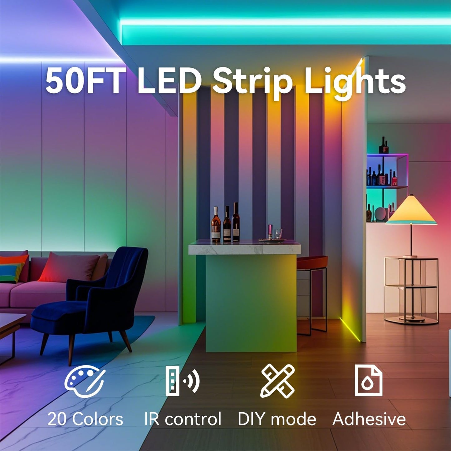 CHARKEE LED Lights for Bedroom 50 ft, Color Changing LED Strip Lights with 44-Key Remote, 12 Volt RGB SMD5050 Tape Lighting for Bedroom, Room Decor, Indoor,IG,TikTok,DIY(44key Remote)