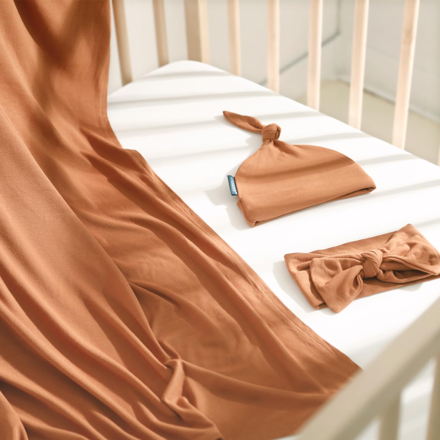 GRSSDER Newborn Swaddle Blanket, Ultra Soft Jersey Receiving Blanket with Matching Headband and Beanie Set, Stretchy Baby Swaddle 47×47", Extra Large Nursery Swaddles Wrap for Girls and Boys