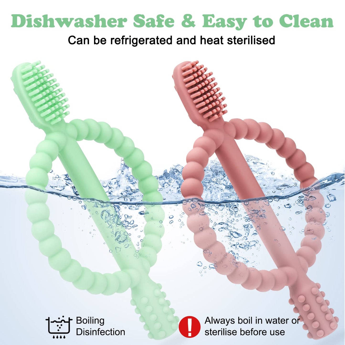 Baby Teething Toys with Easy-Hold Handle, Silicone Infant Toothbrush, Textured On Both Sides Helps Massage, Soothe Sore Gums, Teething Toys for Babies 0-6 Months, 6-12 Months Bright Green & Caramel