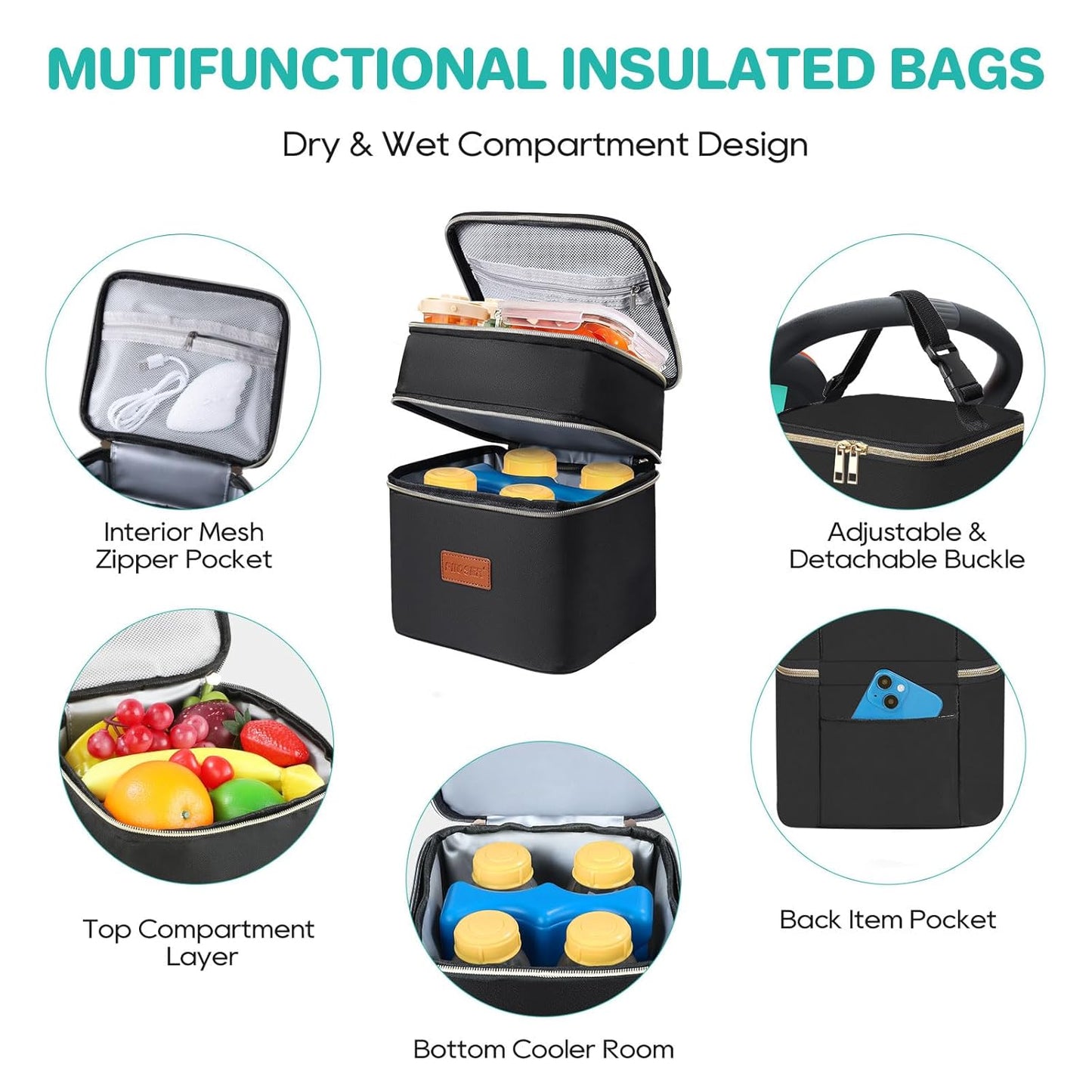 PIIOSER Breast Milk Storage Cooler Bag with Ice Pack, Fits 4 Baby Bottles Up to 5 Ounce, Small Insulated Breastmilk Cooler Travel Bag with Handle Buckle for Nursing & Working Mom Daycare (Black-XS)