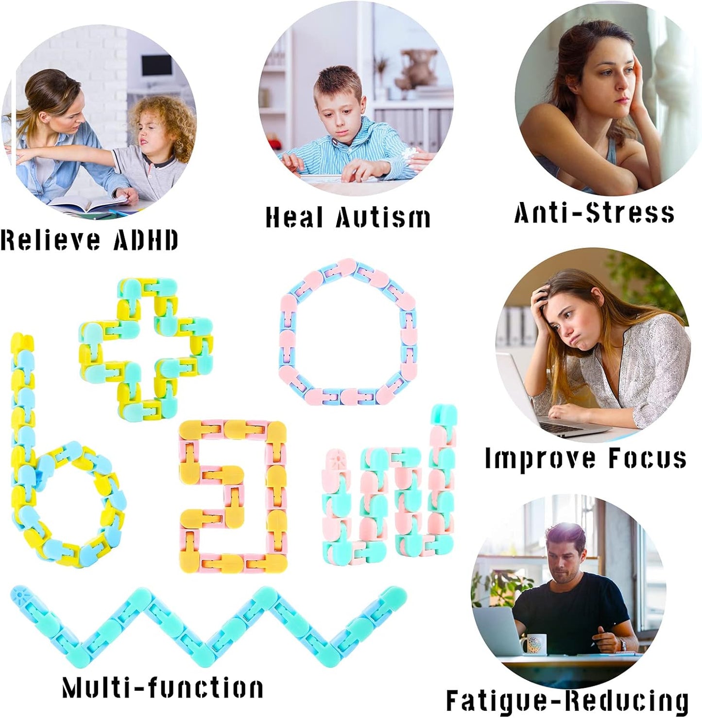 Woosir 6 Pack Wacky Tracks Fidget Toys Gifts for Kids Classroom Brithday Party Favors 24 Links Sensory Snap Fidget Snake Click Toys for Kids Adult Stress Relief Party Gifts Macarons Colors