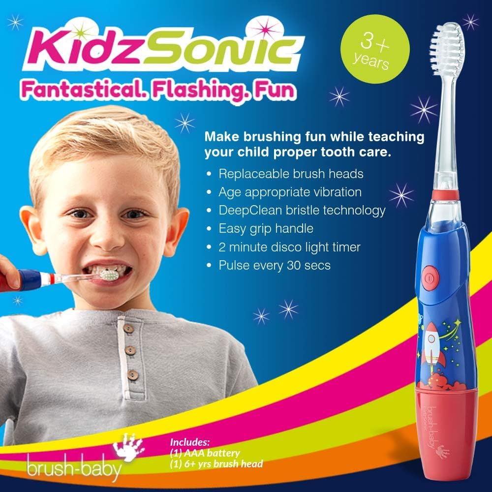 B07YVKSLHYBrush‑Baby - KidzSonic Rocket Kids Electric Toothbrush for Ages 3+ with Disco LED Lights, Gentle Sonic Vibrations, 2-Minute Smart Timer & 30‑Second Pulse Reminders – AAA Battery Included