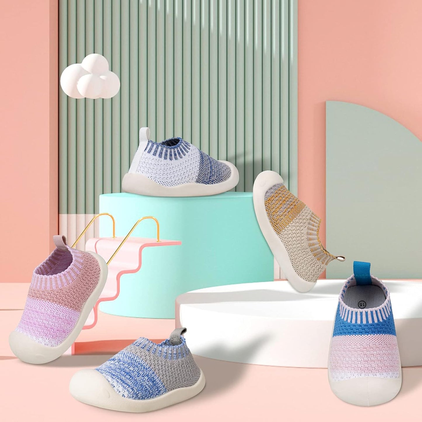 Baby First-Walking Shoes 1-4 Years Kid Shoes Trainers Toddler Infant Boys Girls Soft Sole Non Slip Cotton Canvas Mesh Breathable Lightweight TPR Material Slip-on Sneakers Outdoor