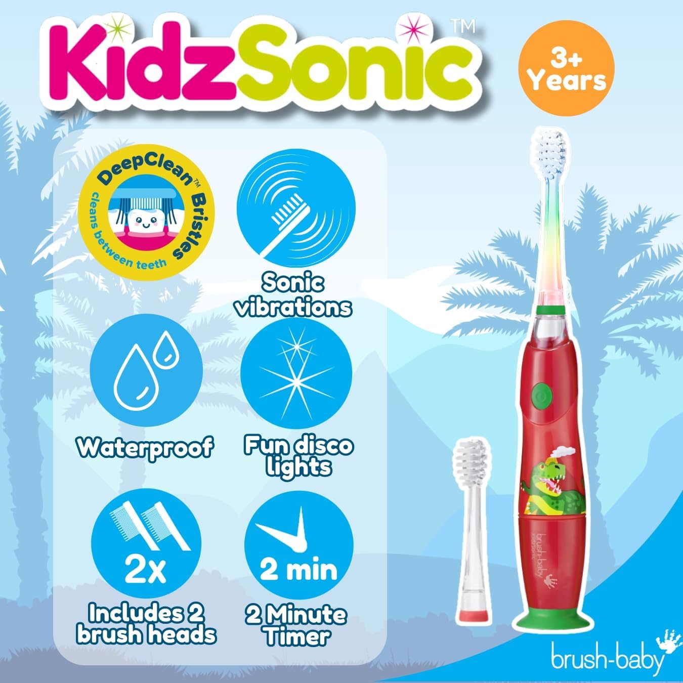 Brush‑Baby - KidzSonic Dinosaur Kids Electric Toothbrush for Ages 3+ with Disco LED Lights, Gentle Sonic Vibrations, 2-Minute Smart Timer & 30‑Second Pulse Reminders – AAA Battery Included