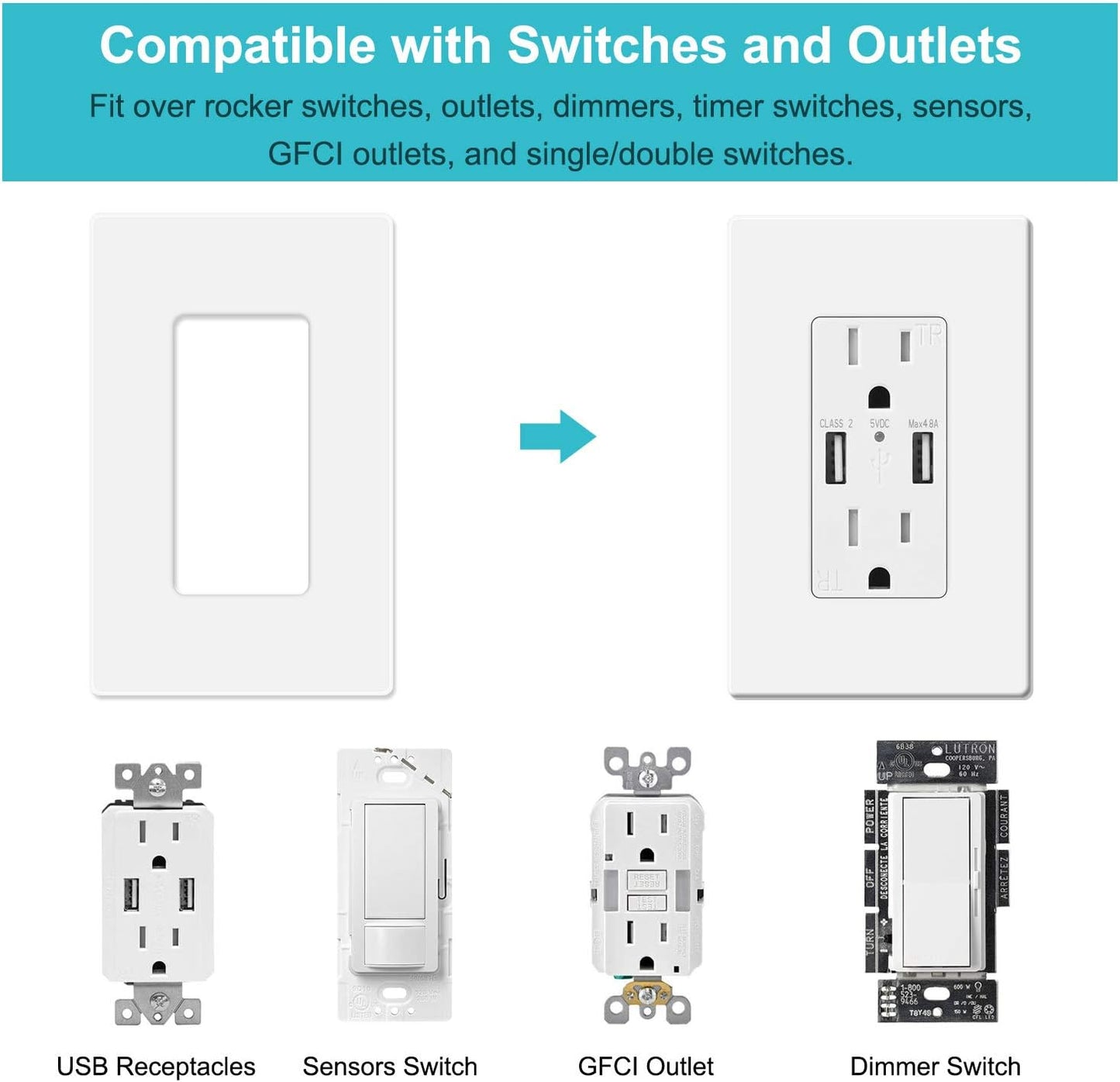 10 Pack 1-Gang Screwless Wall Plate, Decora Outlet Cover Plates, 4.57” H x 2.76” L, for Light Switch, Dimmer, GFCI, USB Outlet