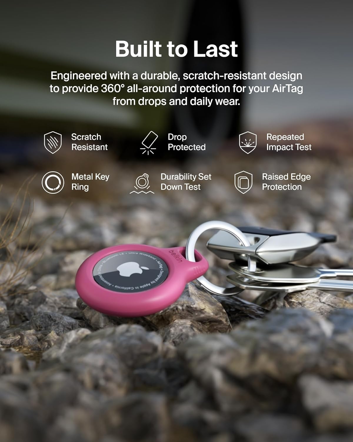 Belkin Apple AirTag Secure Holder with Key Ring - Durable, Scratch-Resistant Case with Open Face & Raised Edges - Protective AirTag Keychain Accessory for Keys, Pets, Luggage, & More - Pink