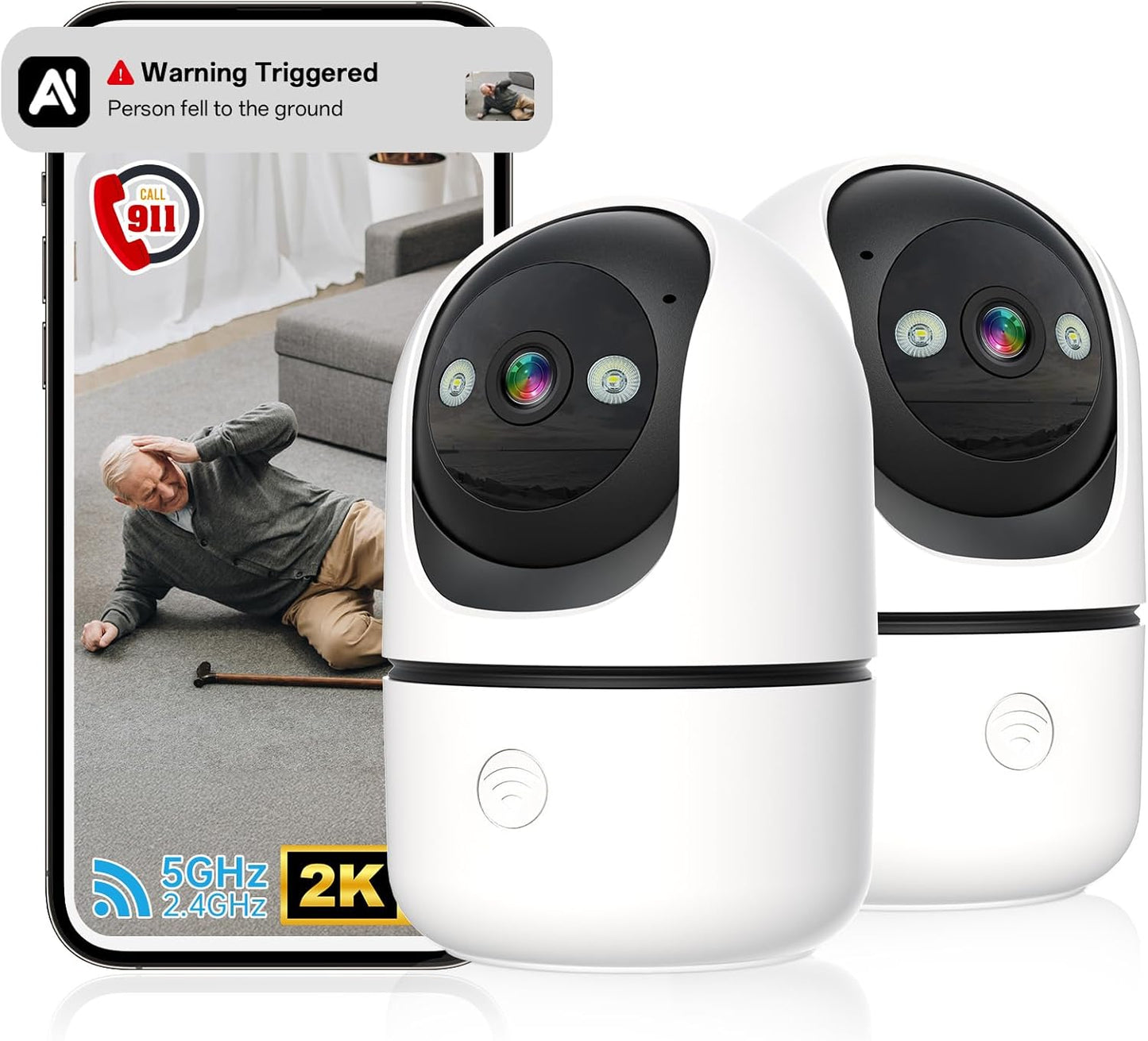 Security Cameras Indoor, 2K 5G&2.4Ghz WiFi Camera for Security Home with 911 Monitor Alert, 360 PTZ Baby/Pet/Dog Camera AI Search Motion Detection, Color Night Vision, Speaker, US Cloud Storage, 2Pack