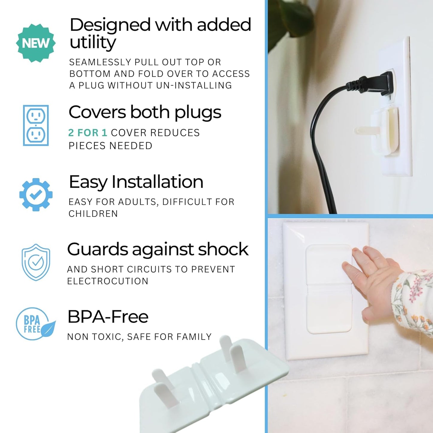 White Double Outlet Covers Baby Proofing (10 Pack, 20 Sockets) | Baby Proof Plug Covers for Electrical Outlets | Safe & Secure Baby Safety Products | Childproof Socket Covers Protect Toddlers & Babies