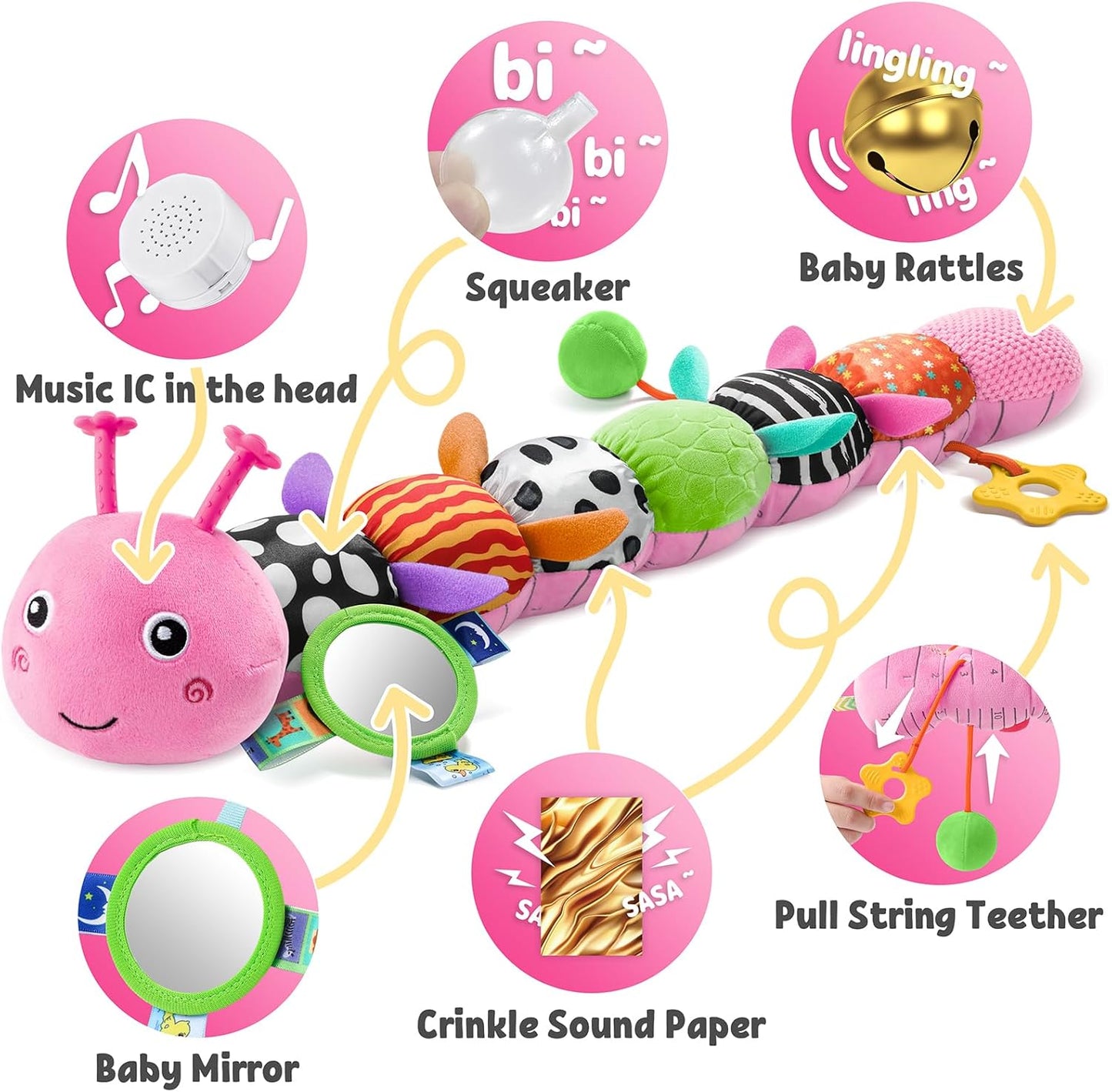 LIGHTDESIRE Baby Toys Musical Caterpillar,Infant Toys Stuffed Animals with Ruler Design,Mirror,Pull String&Ring Bell,Baby Teething Toys for Tummy Time Toys Newborn Gifts 3 6 12 Months(Pink,Leafy Limb)