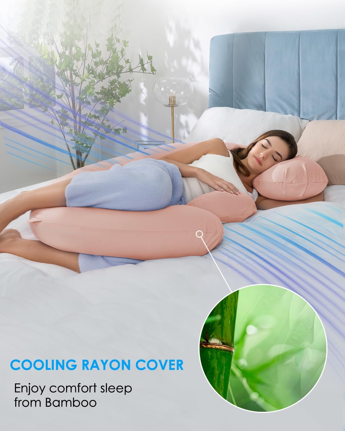 QUEEN ROSE Cooling E Shaped Pregnancy Pillows, Detachable Body Pillow for Sleeping, with Pregnancy Wedge Pillow for Belly Support, Cooling Rayon Cover,Pink