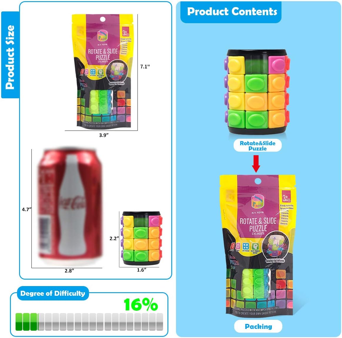 R.Y.TOYS Rotate and Slide Puzzle-Design Patent,Fidget Toys(Restore Order/Create Patterns) 8 Colors,4 Layers-Detach Piece for Quick Play,Brain Teaser,Sensory Toys,Birthday Gifts,Easter Basket Stuffers