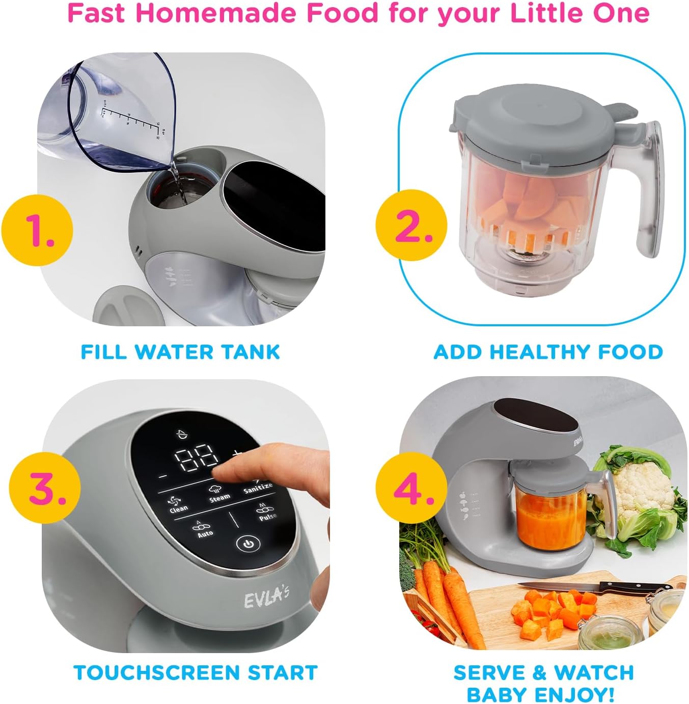 EVLA'S Baby Food Maker, Steamer, Blender, Baby Food Processor for Healthy Homemade Baby Food in Minutes, Touch Screen with 6 Reusable Food Pouches, Baby Registry Essential, Grey
