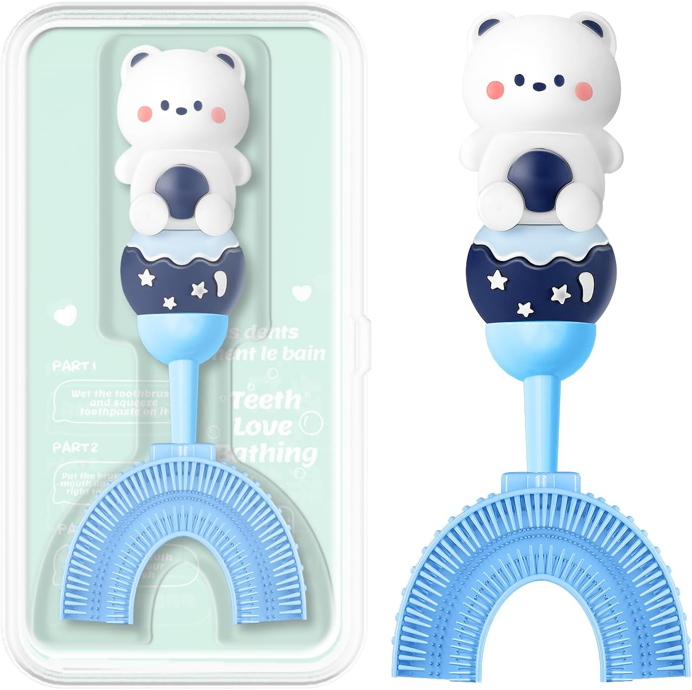 U-Shaped Toothbrush for Kids Ages 2-7, Soft Food-Grade Silicone for Sensitive Gums, 360° Teeth Cleaning Design,Training & Travel-Friendly Toddlers' Toothbrush (Blue)