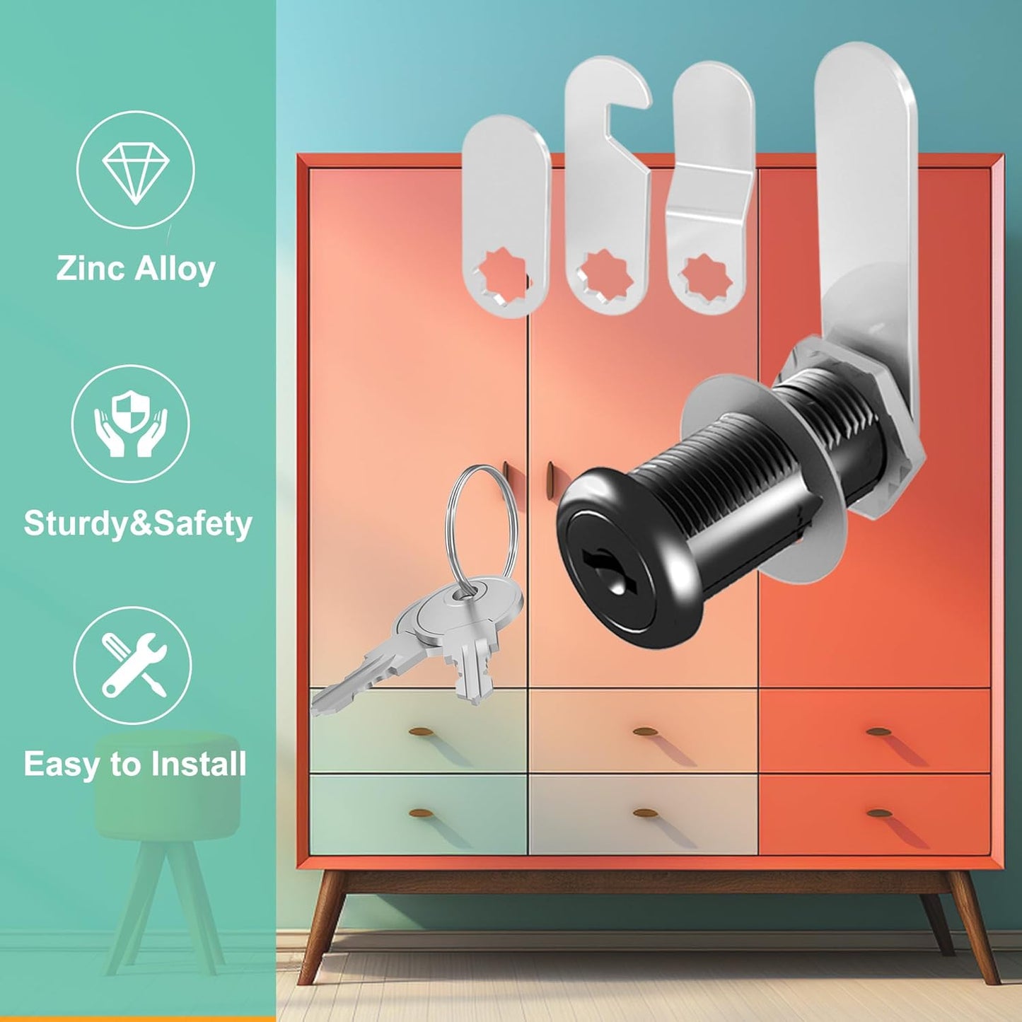 3 Pcs Cabinet Locks with Keys, 1-1/2'' Cam Lock Keyed Alike Fit 1-3/8'' Max Panel, Secure RV Locks for Cabinet Drawer Mailbox Lock Replacement, Zinc Alloy