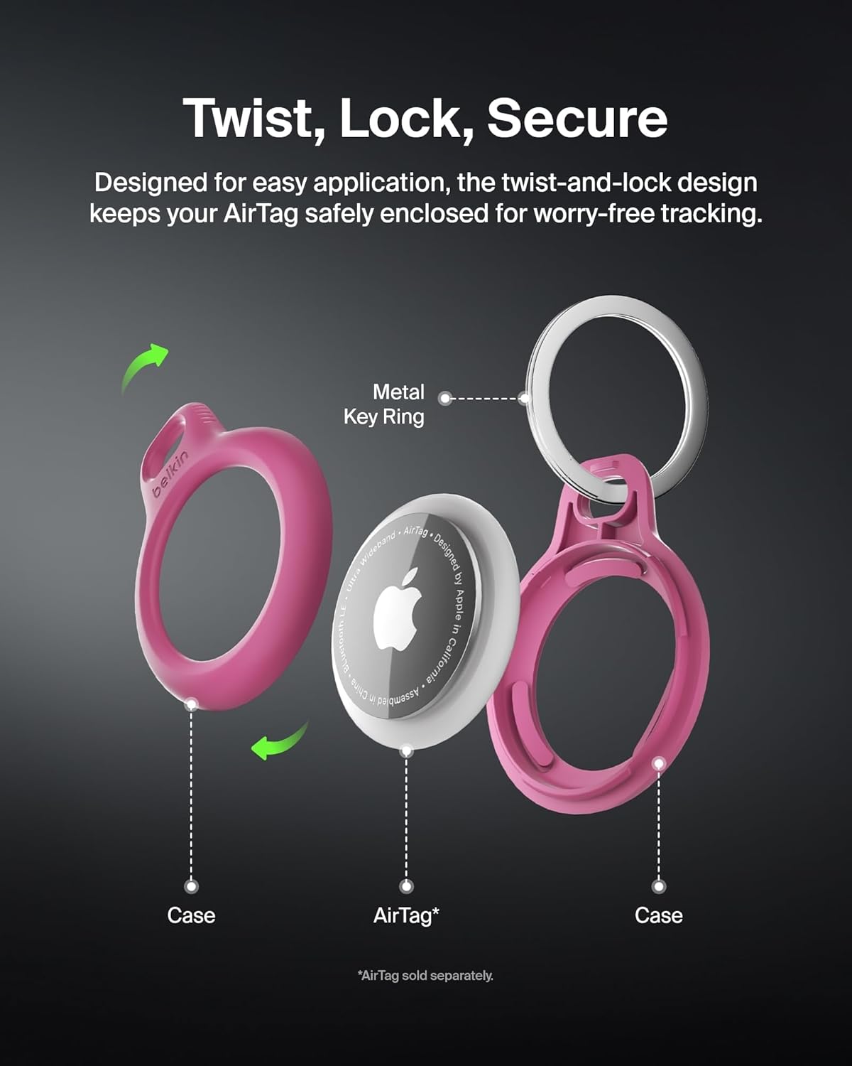 Belkin Apple AirTag Secure Holder with Key Ring - Durable, Scratch-Resistant Case with Open Face & Raised Edges - Protective AirTag Keychain Accessory for Keys, Pets, Luggage, & More - Pink