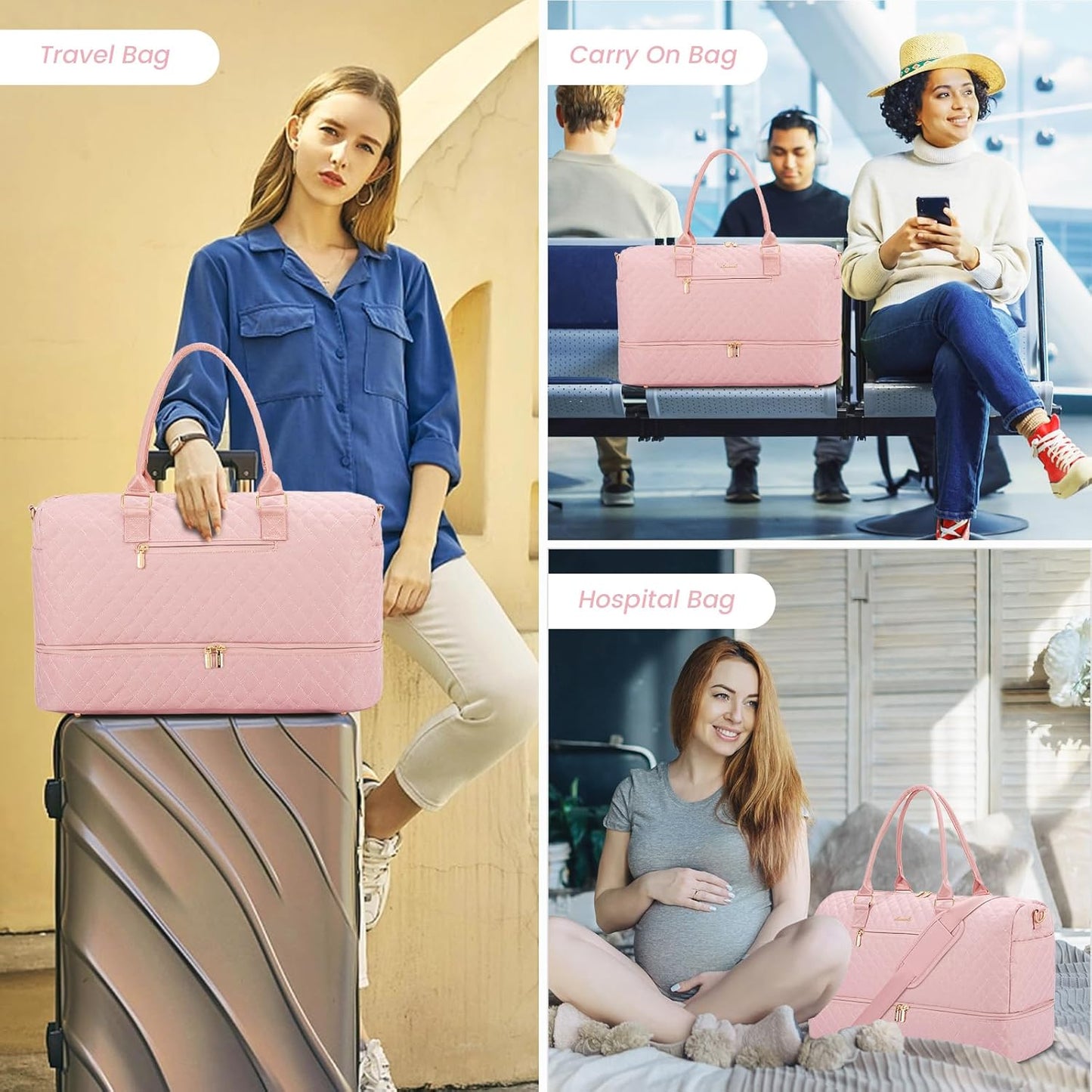 LOVEVOOK Travel Duffle Bag for Women, Weekender Overnight Bag with Shoe Compartment, Carry on Bag with Toiletry Bag, Gym Duffel Bag with Wet Pocket, Hospital Bags for Labor and Delivery 3 Pcs Set