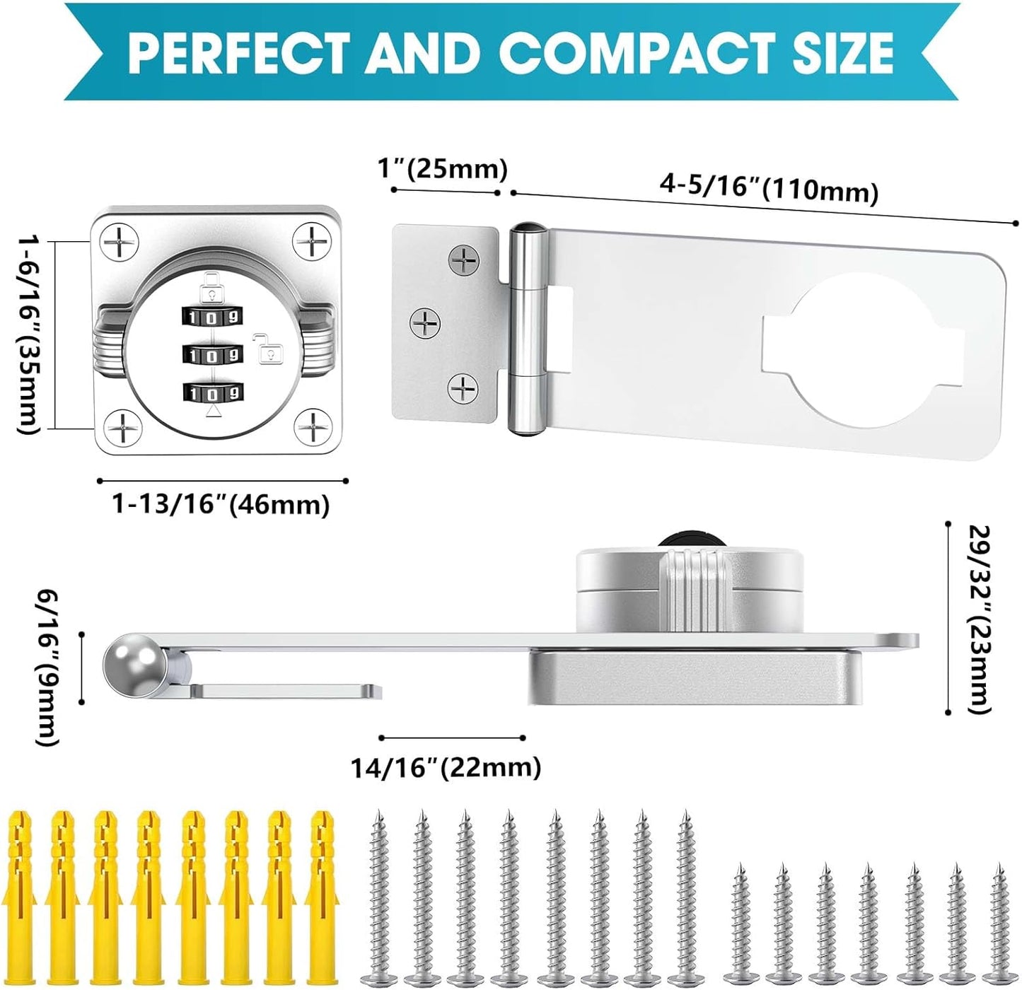 4.5 in Mechanical Combination Swing Hasp Lock, Combination Cabinet Lock, Small Door Security Latch for Cabinets, Drawers, Closets, Storage Cabinets and Barn Doors (Silver-1pc)