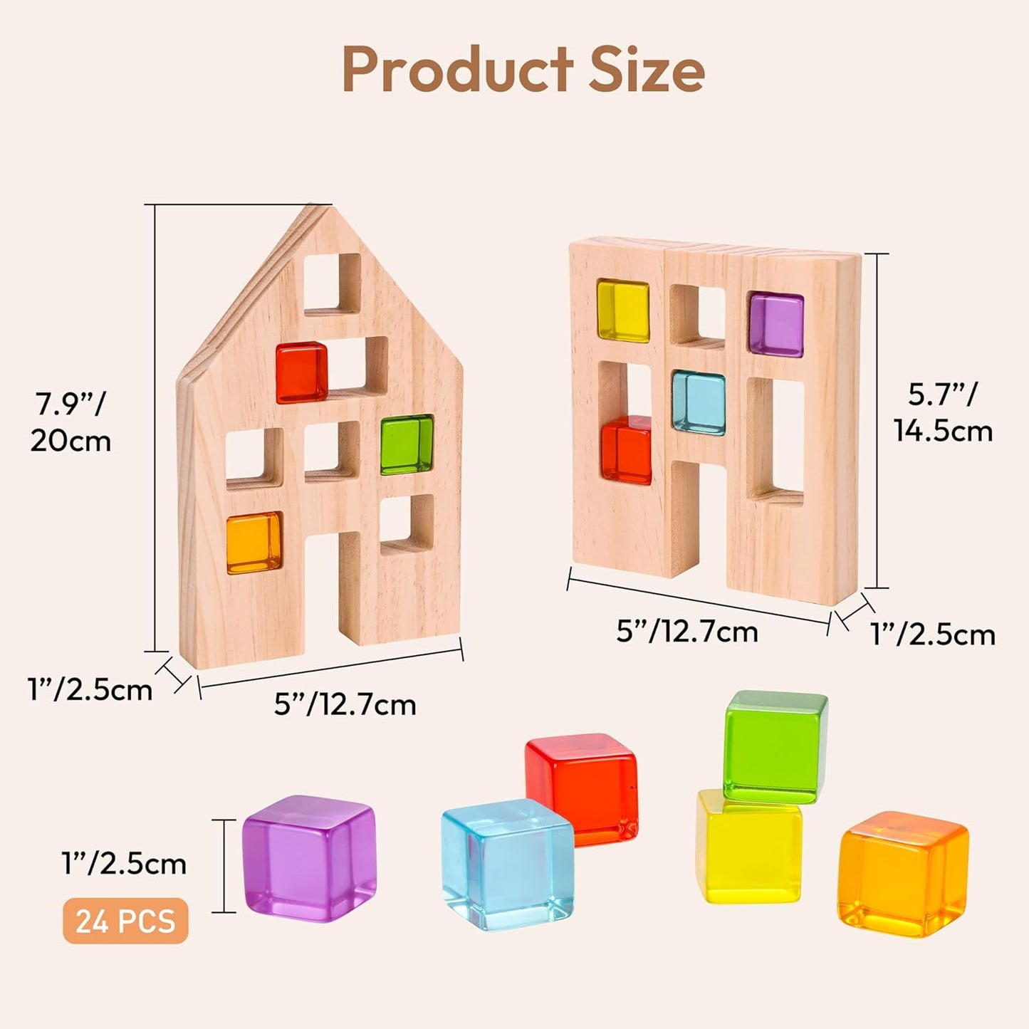 Wooden Building Blocks Set for Kids, 24 PCS Rainbow Gem Cubes Stacking Blocks - 2 Wood House, Montessori Stacking Toy for Toddlers, Educational STEM Learning Toy for Boys Girls 3-6