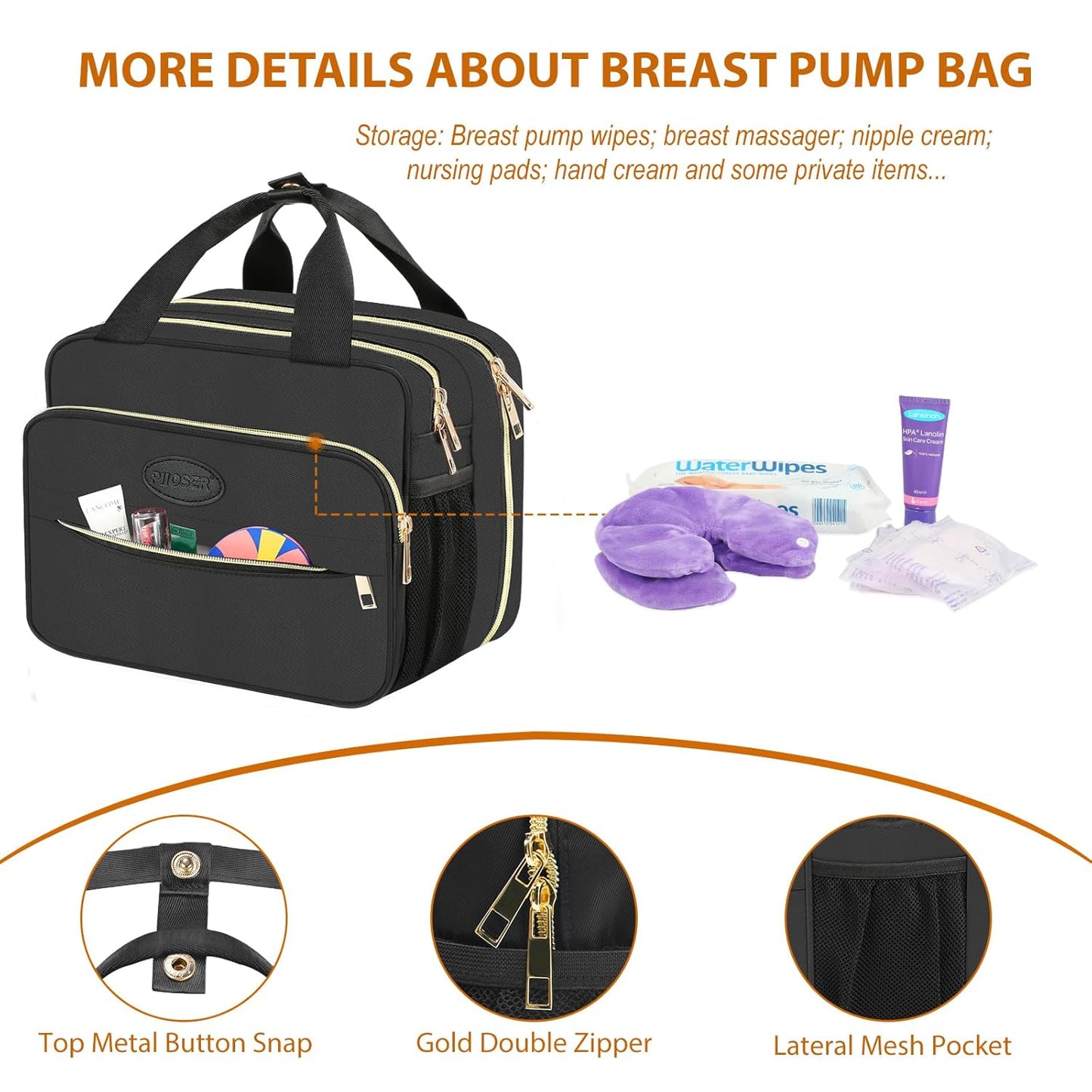 PIIOSER Insulated Baby Bottle Bag with Ice Pack, Breastmilk Cooler Compatible with Wearable Breast Pumps & Accessories - Breastfeeding On The Go Travel for Nursing & Working Moms, Black