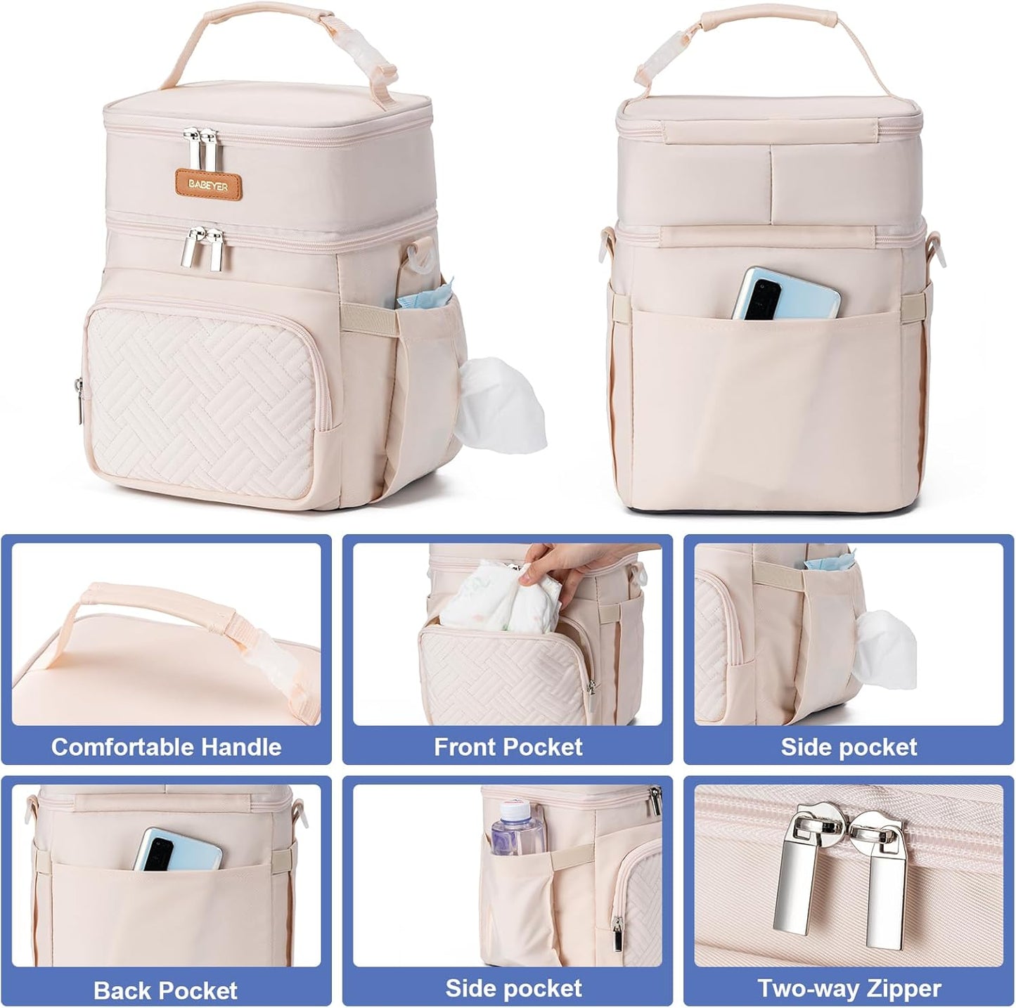 Insulated Breastmilk Cooler Bag with Ice Pack - Holds 6x9oz Bottles, Leakproof Double Layer, Adjustable Strap for Nursing Moms, Daycare & Travel,Pearl White