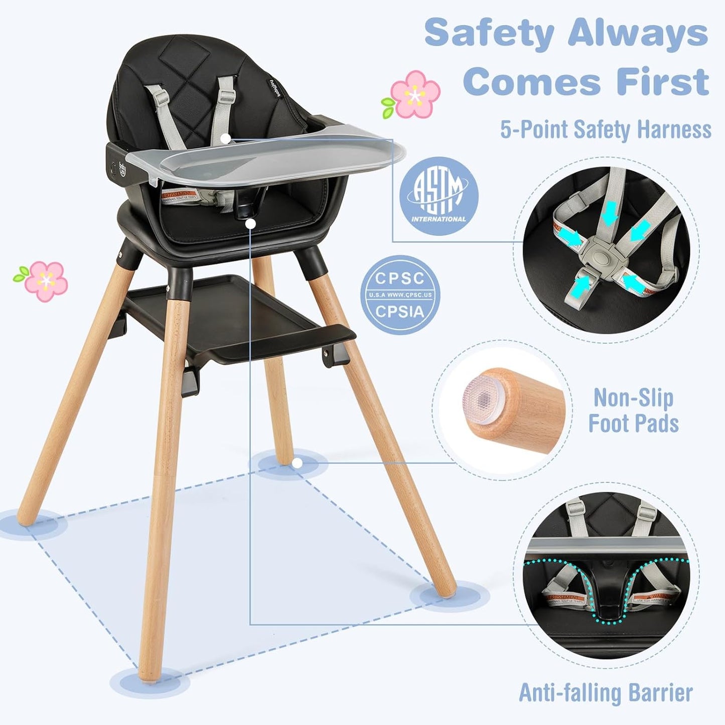 BABY JOY Baby High Chair, 6 in 1 Convertible Wooden High Chair for Babies & Toddlers with Adjustable Legs, Double Removable Tray, Safety Harness & Waterproof PU Cushion (Black)