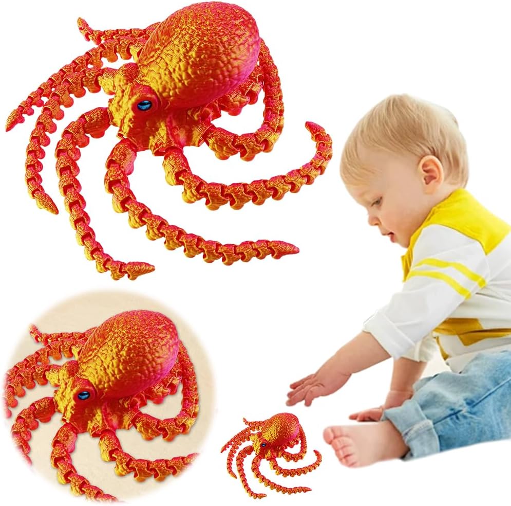 3D Printed Octopus Animals Toy Articulated Octopus Fidget Toy 3D Printed Gift Creative Ornament Articulated Octopus Toys Home Decor (Red Gold)