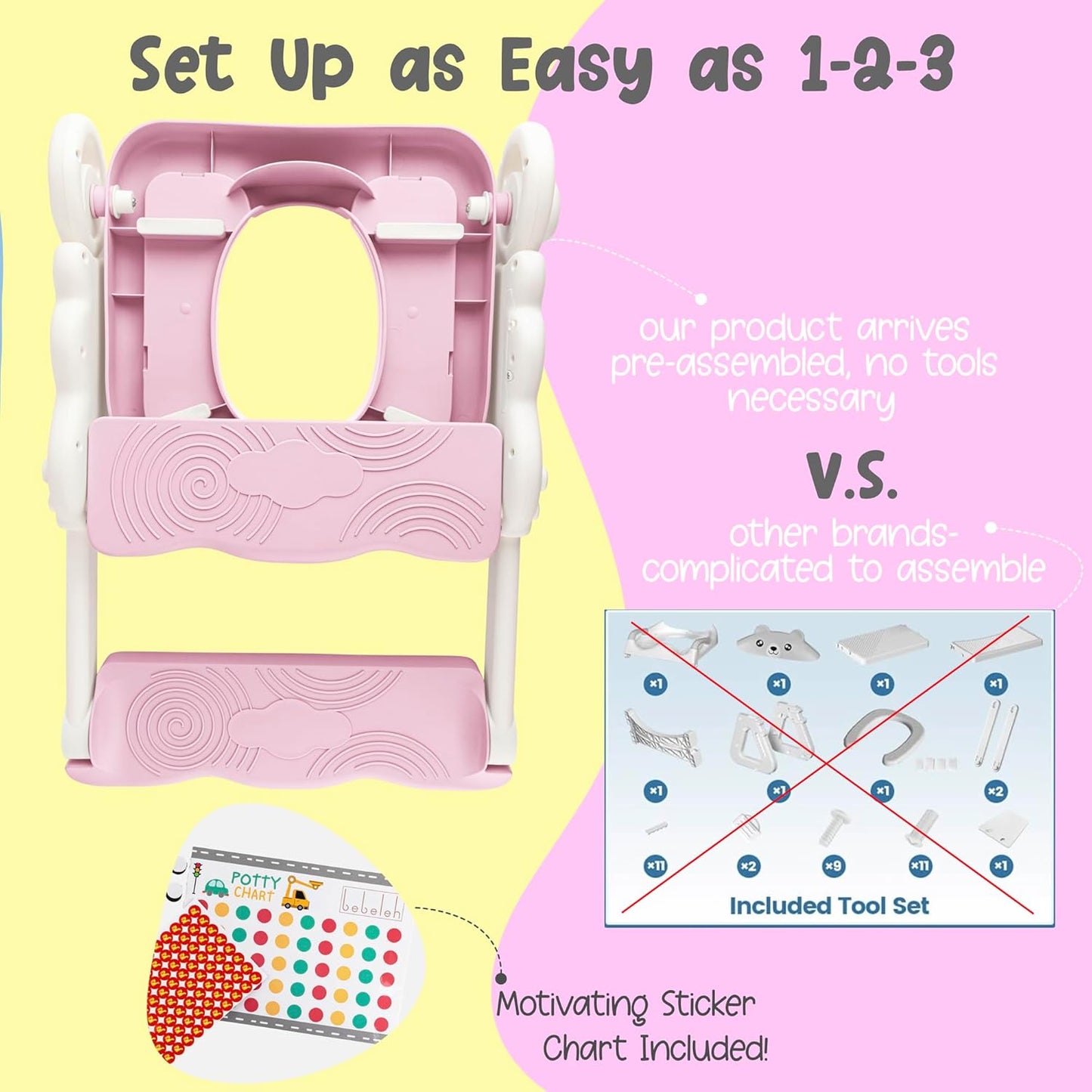 Musical & Sound Toddler Potty Training Seat w/Step Stool Ladder - Collapsible & Adjustable Toilet, Pre Assembled Toddler Toilet Seat w/Music & Sounds - Splash Guard & Anti-Slip Steps - Pink