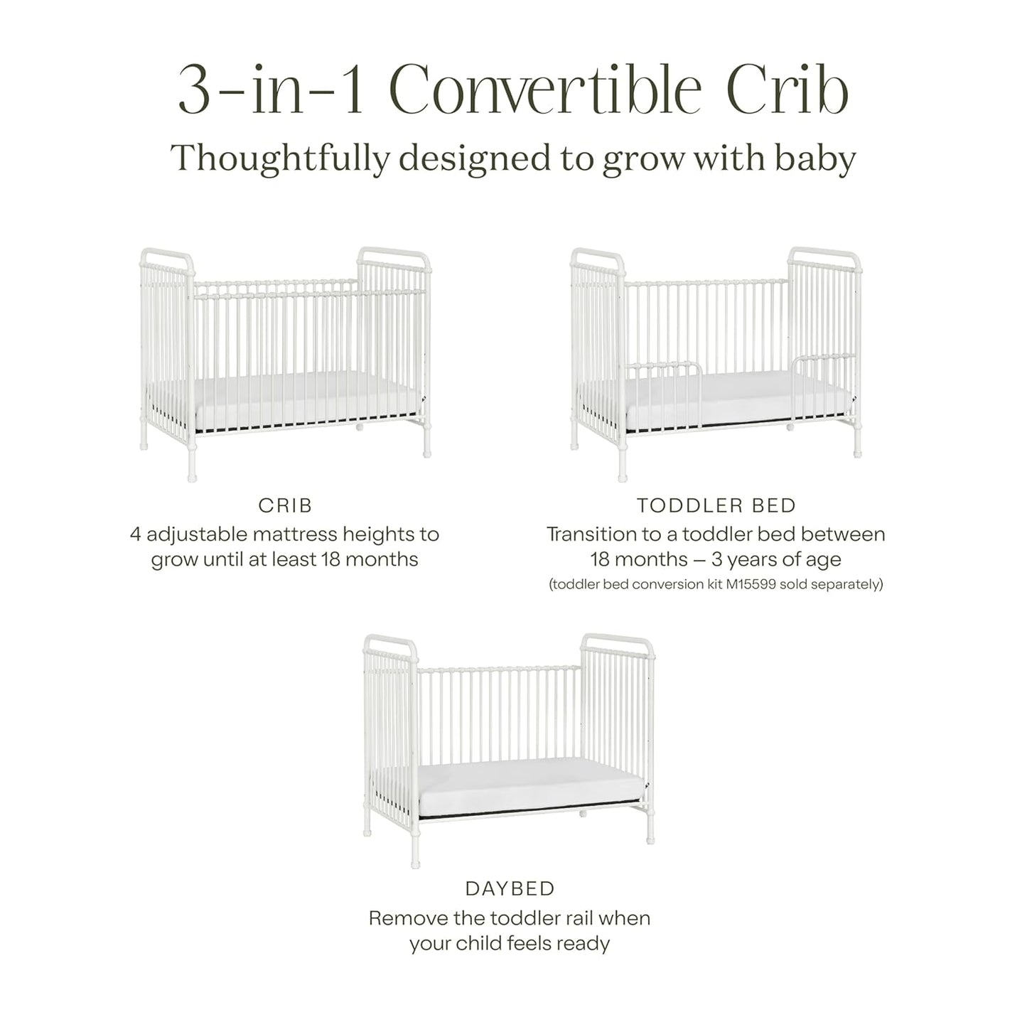 Namesake Abigail 3-in-1 Convertible Metal Crib in Washed White, Greenguard Gold Certified
