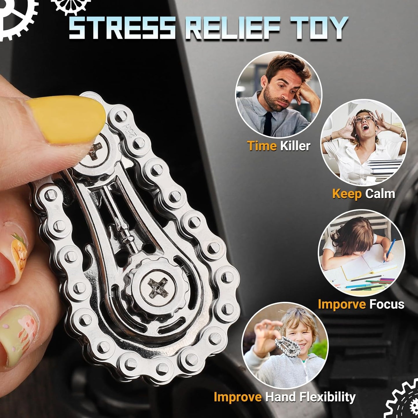 Sprocket Fidget Chain Bike Bicycle Spinner Toy for Kids Adults, Gear Hand Roller Strengthener for Boy Man, EDC Novelty Finger Spinner Desk Toy for Stress Relief, Cool Birthday Gift Party Favor