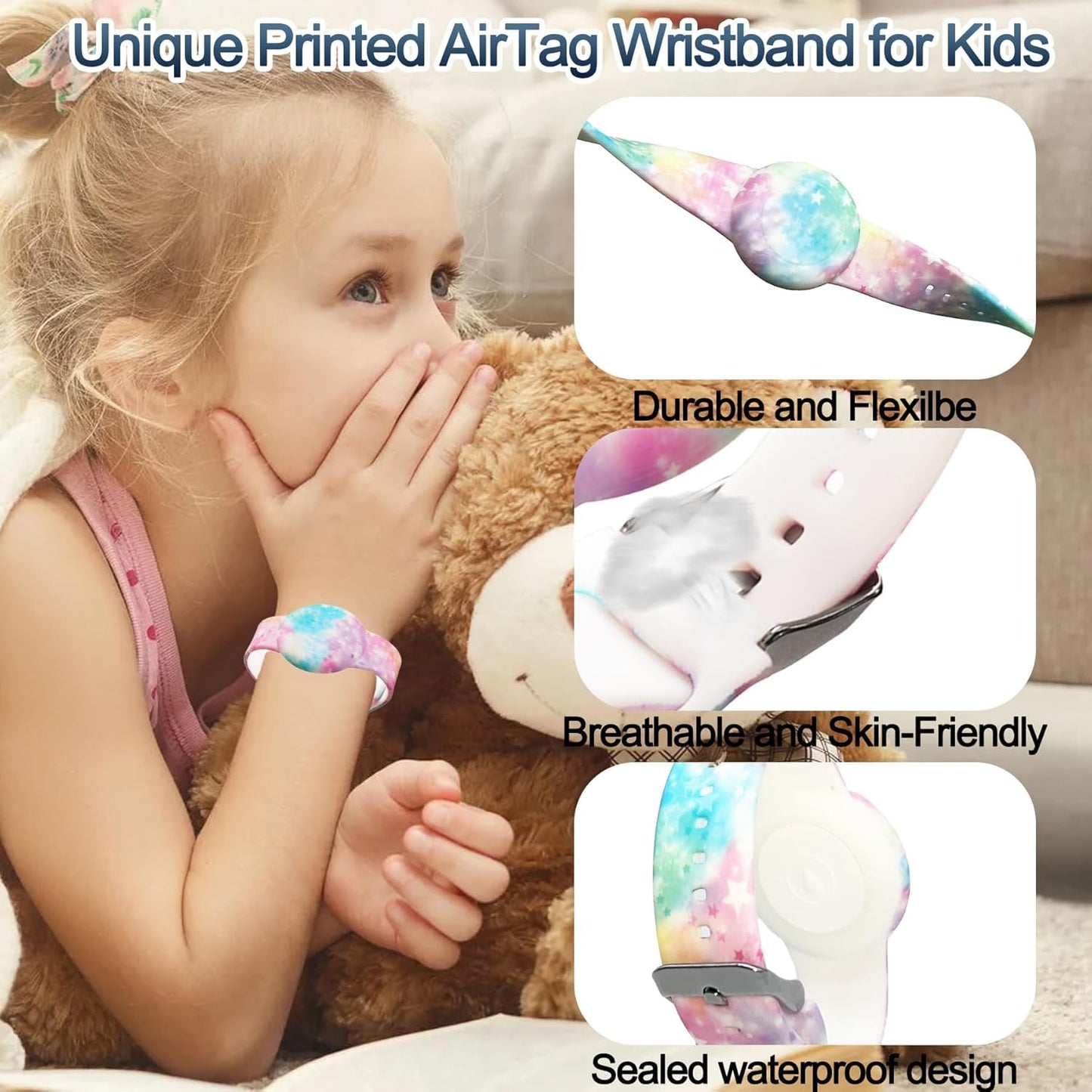 Waterproof AirTag Bracelet for Kids, Hidden Printed Wristband for Apple Air Tag, Silicone AirTag Holder GPS Tracker Case for Band for Child Toddler, Secure Anti-Lost Protection(Starry Sky Pink)