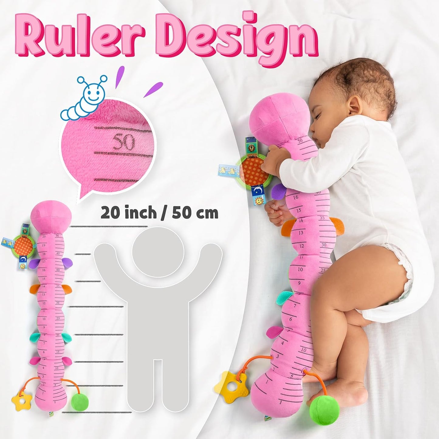 LIGHTDESIRE Baby Toys Musical Caterpillar,Infant Toys Stuffed Animals with Ruler Design,Mirror,Pull String&Ring Bell,Baby Teething Toys for Tummy Time Toys Newborn Gifts 3 6 12 Months(Pink,Leafy Limb)