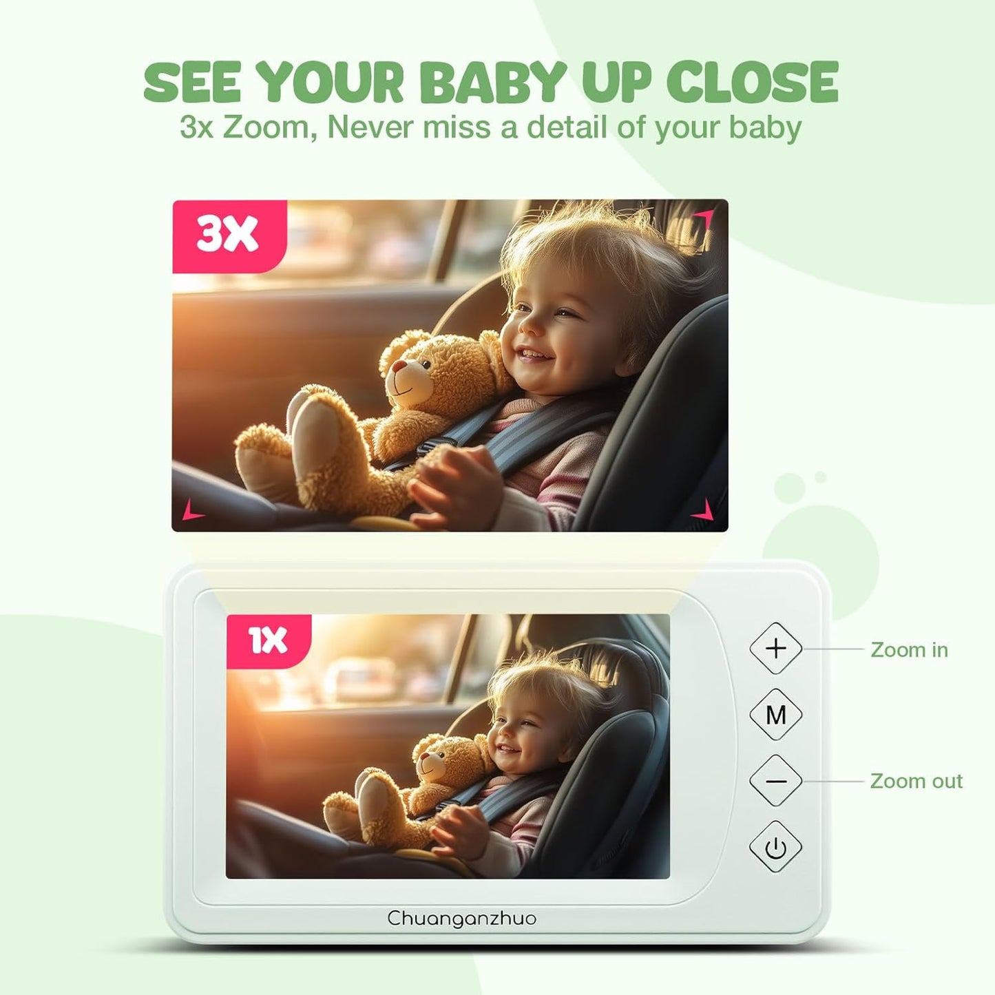 Baby Car Camera with Advanced Crystal-Clear Night Vision, 3X Zoom, USB Powered, 5'' AHD 1080P IPS Car Baby Monitor, Backseat Camera for Kids Infants Rear Facing Mirror, 5inch, Green