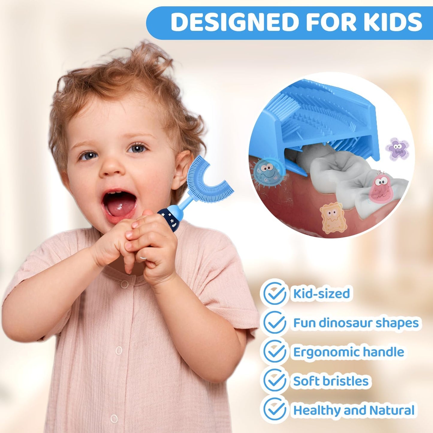 U-Shaped Toothbrush for Kids Ages 2-7, Soft Food-Grade Silicone for Sensitive Gums, 360° Teeth Cleaning Design,Training & Travel-Friendly Toddlers' Toothbrush (Blue)