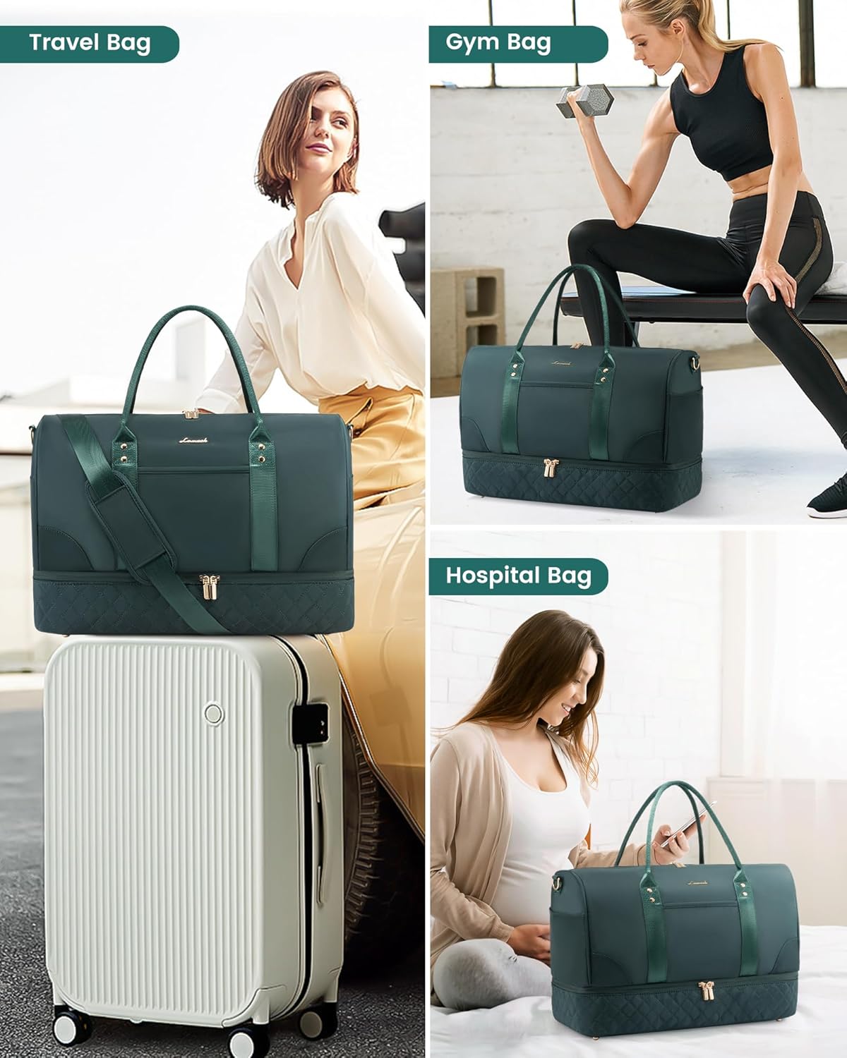 LOVEVOOK Travel Bag,Weekender Bag for Women Travel Duffle Bag with Shoe Compartment,Carry on Overnight Bag with Wet Pocket,Gym Yoga Duffel Bag,Hospital Bags for Labor and Delivery,3 Pcs Set