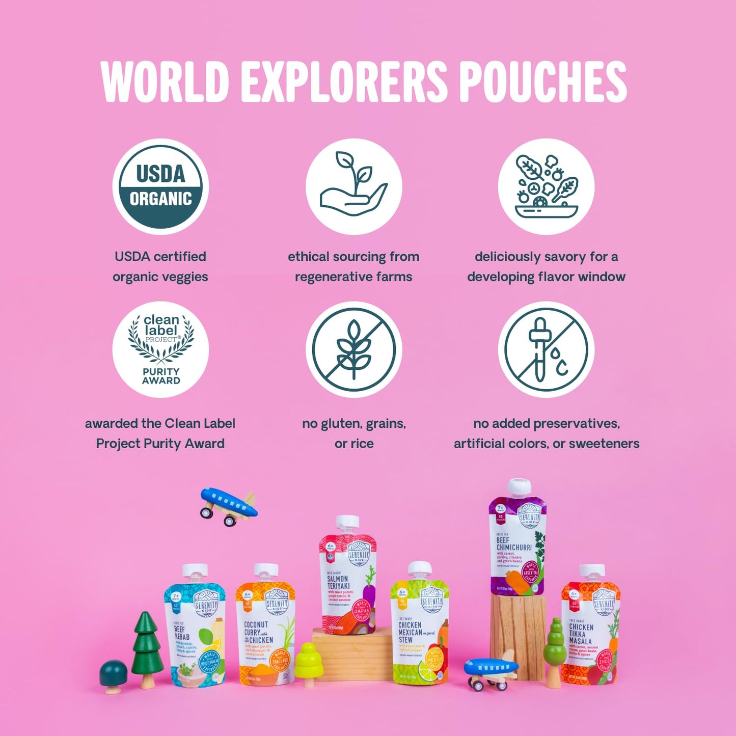 Serenity Kids 7+ Months World Explorers Stage 2 Baby Food Pouches - BPA-Free Pouches - Organic Meat & Veggie Puree with Ethically Sourced Beef - 3.5 Oz, 6 Pack