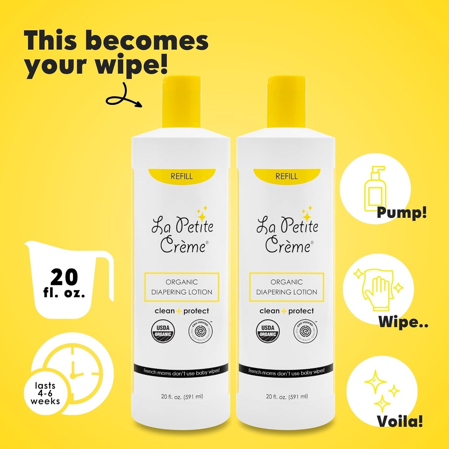 La Petite Creme French Premium Diapering Lotion - Diaper Cream Alternative to Baby Wipes - Moisturizer & Skin Cleanser - USDA Certified Organic Ingredients - Baby Essentials (2 Bottles of 20 oz)