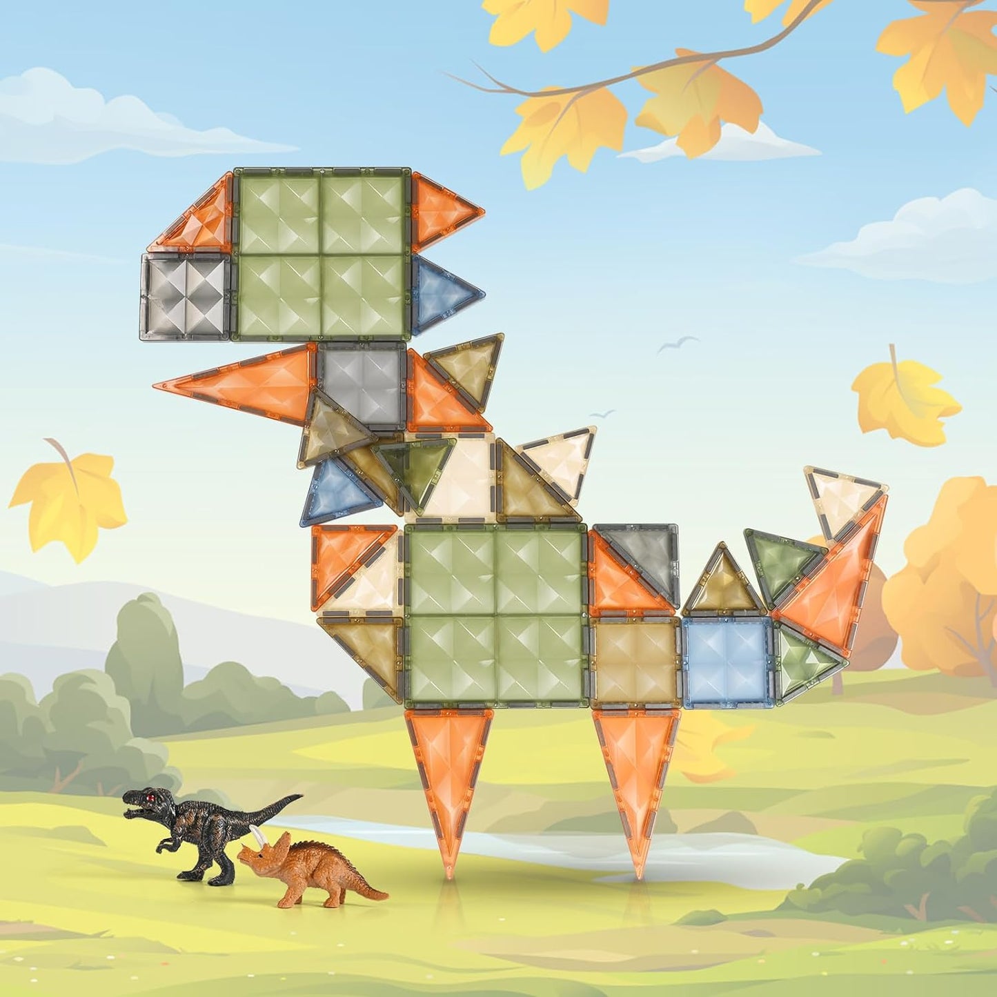 3D Magnetic Tiles, STEM Learning and Encourage Imaginative Play Magnetic Blocks, Preschool Puzzle Toys with Dinosaur, Gift for Boys and Girls 3 4 5 6 7 8 Years+