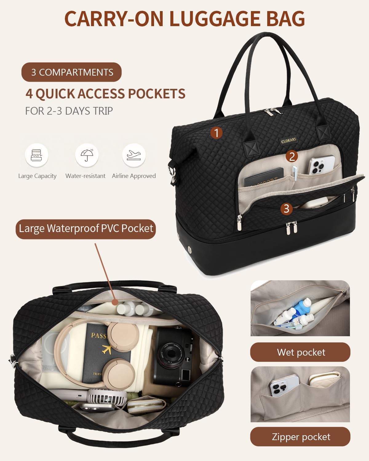 Weekender Bags for Women, Travel Duffle Bag Carry On Overnight Bag with Cosmetics Bag and Crossbody Purse for Gym Hospital, Gifts for Women, Black