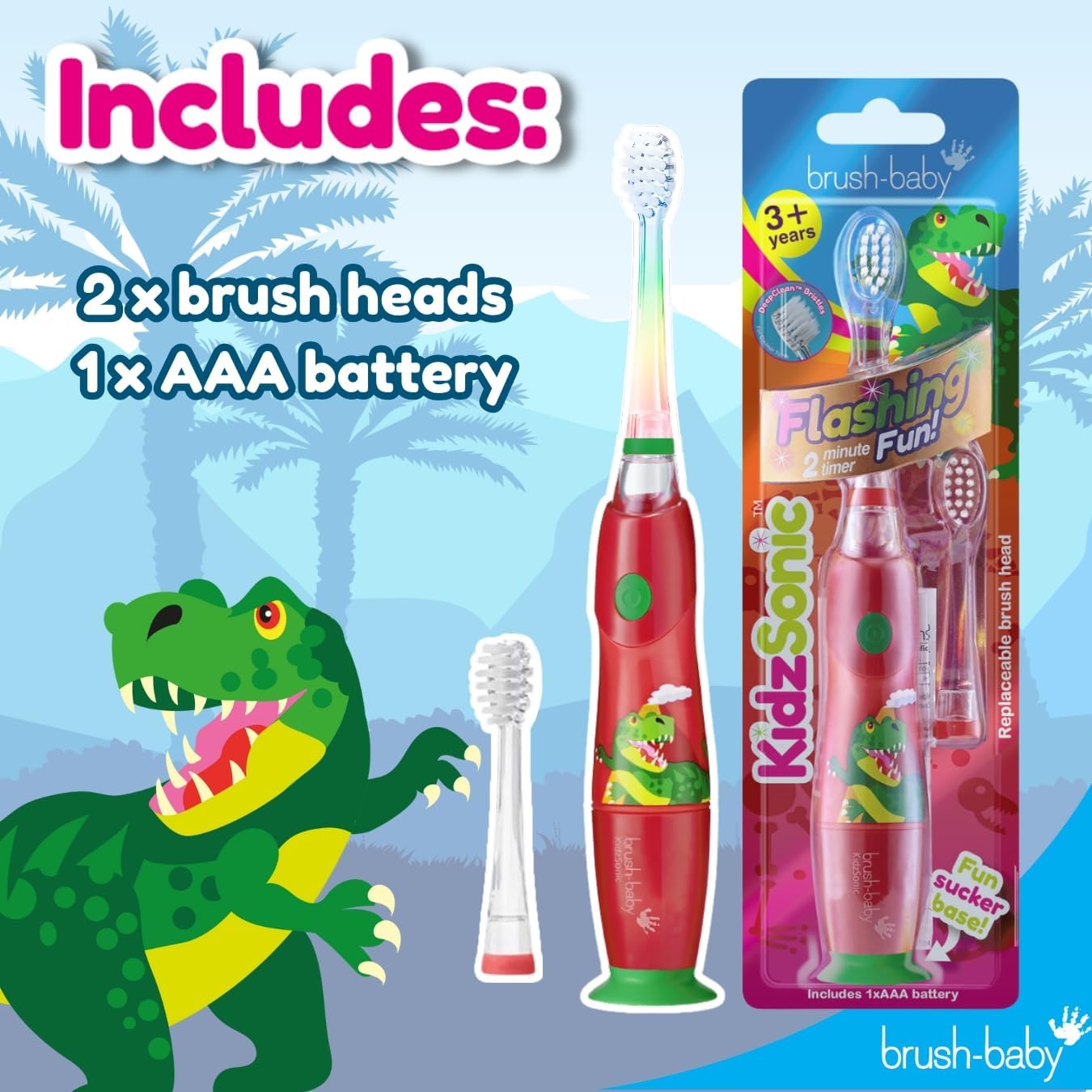 Brush‑Baby - KidzSonic Dinosaur Kids Electric Toothbrush for Ages 3+ with Disco LED Lights, Gentle Sonic Vibrations, 2-Minute Smart Timer & 30‑Second Pulse Reminders – AAA Battery Included