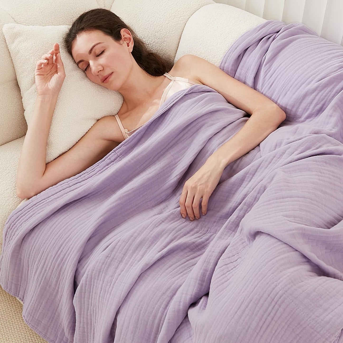 EMME Cotton Throw Blanket for Couch Soft Airy Muslin Bed Blankets Lightweight Breathable Blanket All Season Gauze Blanket, Lavender